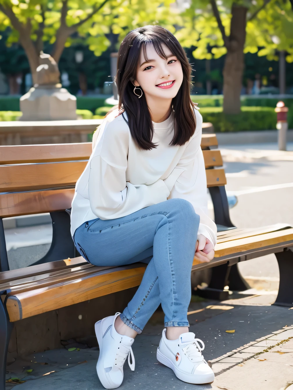 highest quality)), ((masterpiece)), (Get used to it), Perfect Face、((highest quality)), A neat and beautiful woman sitting on a park bench、Long sleeve blouse、Skinny jeans、sneakers、Black Hair、short hair、smile、smile showing teeth、Full body photo、Ear Piercing Information