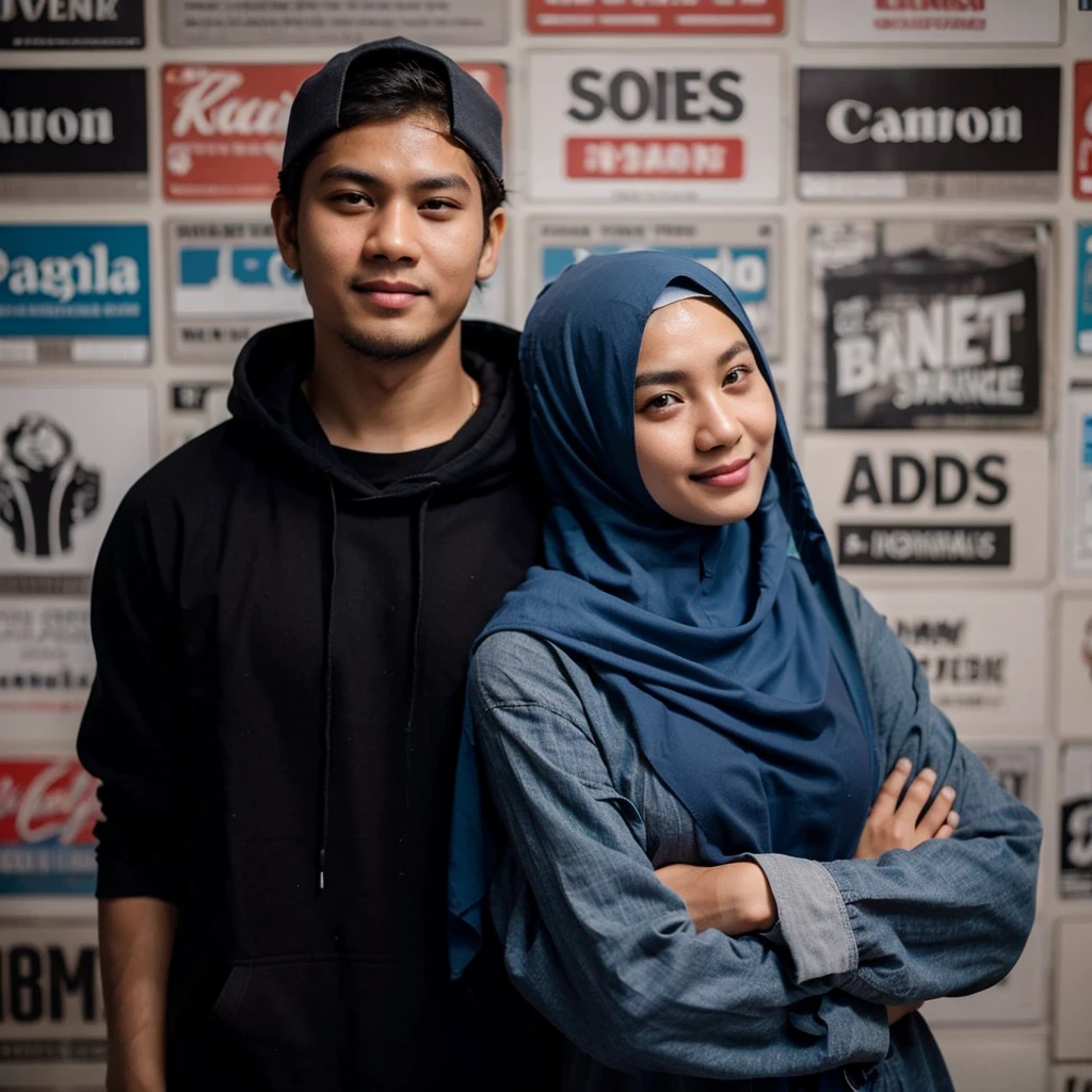 ((best quality)), ((masterpiece)), perfect face,  full body,  freestyle pose,
photography of a couple husband and wife from Indonesia, a young Indonesian man face aged 31 years, with baseball cap tied at the back, neat slide back, with a black hoddie, full body, brown skin, 20 year old woman wearing a hijab, wearing blue kemeja, photographed using a canon + camera Studio Lighting, standing pose and smile, ads wall background.