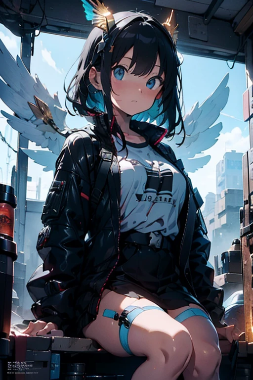 masterpiece, (best quality), (ultra-detailed), (ultra-realistic:1.2), landscape, sci-fi, transistorpunk, cyberpunk, biopunk, (magazine cover:1.4), (gray, white), female huge robot, visor, earring, mechanical angel wings on the back, angel wings, future town, dynamic pose, dynamic angle, small breasts, luxury, (gold, silver, green), neon