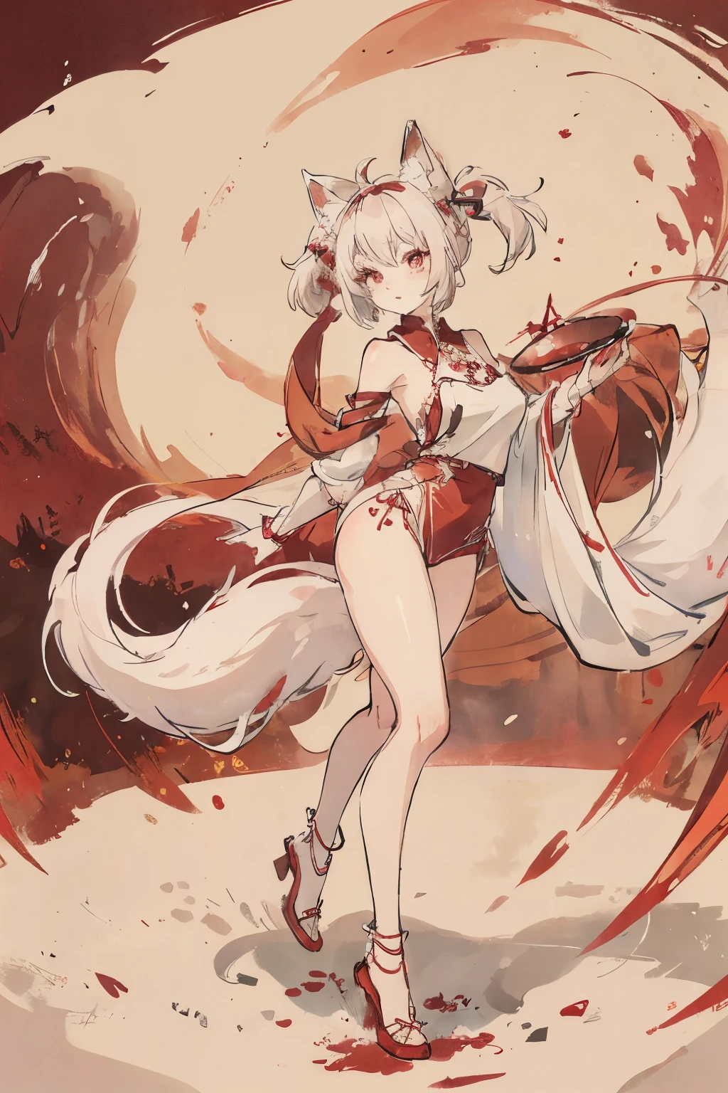 White fox，Fluffy big tail，There are red runes on the tail，Girl，Red eyes，Slim body，Slim arms，Long-sleeved hanfu