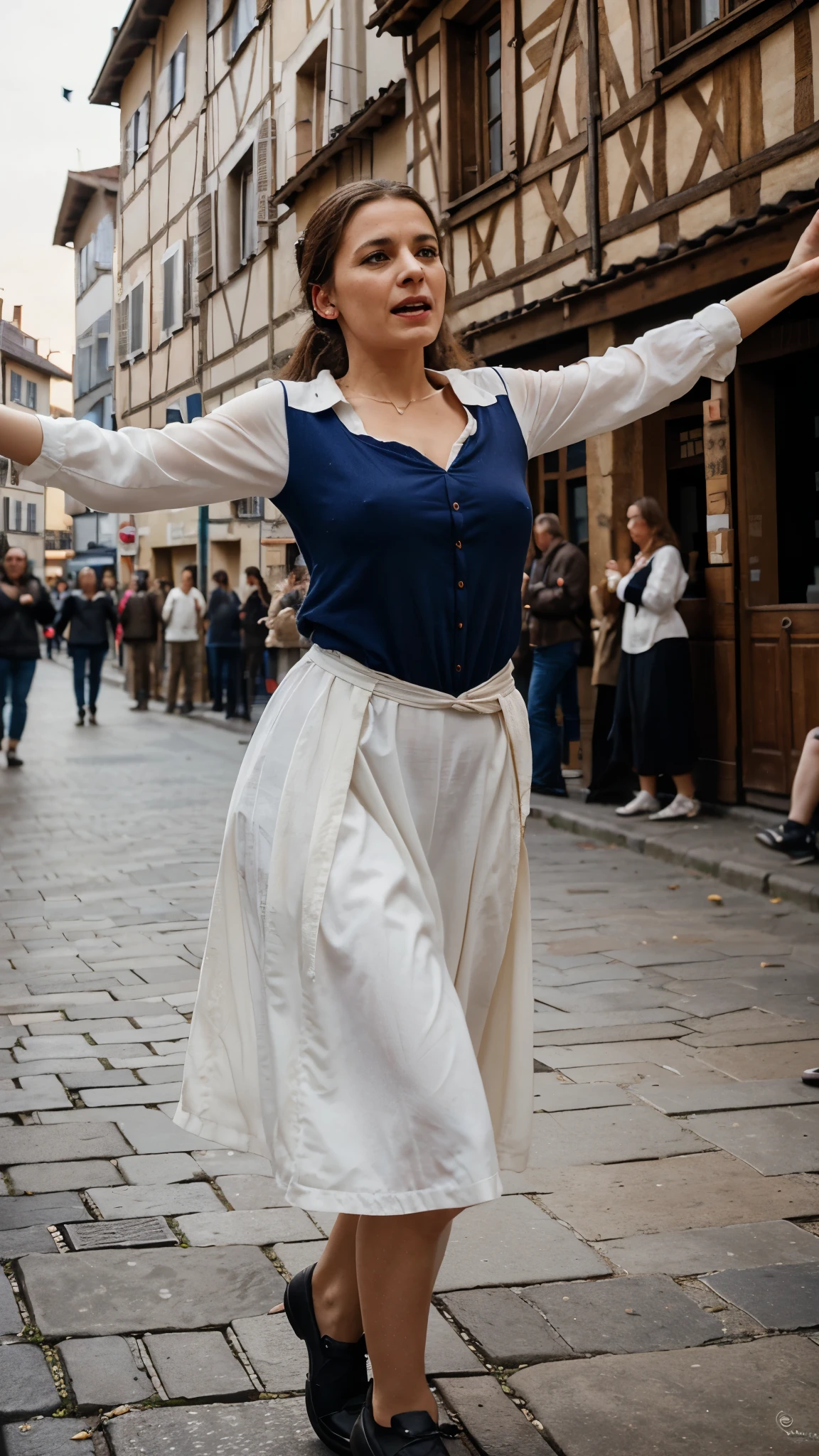 Youth 20~40 years oldwoman, a France nationalist, dancing profusely on the street of strasbourg, with expression of agony without music or drums. I’m nfluenced by dancing plague of year 1518. Old fashion and old France clothes