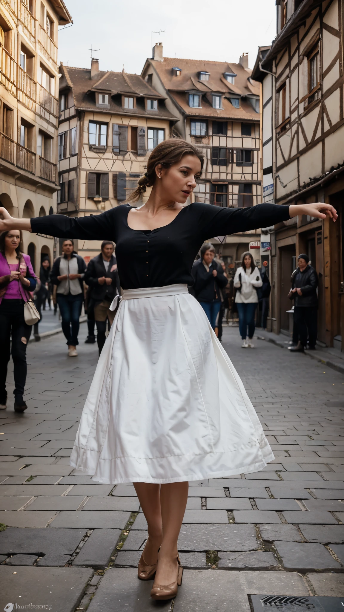 Youth 20~40 years oldwoman, a France nationalist, dancing profusely on the street of strasbourg, with expression of agony without music or drums. I’m nfluenced by dancing plague of year 1518. Old fashion and old France clothes