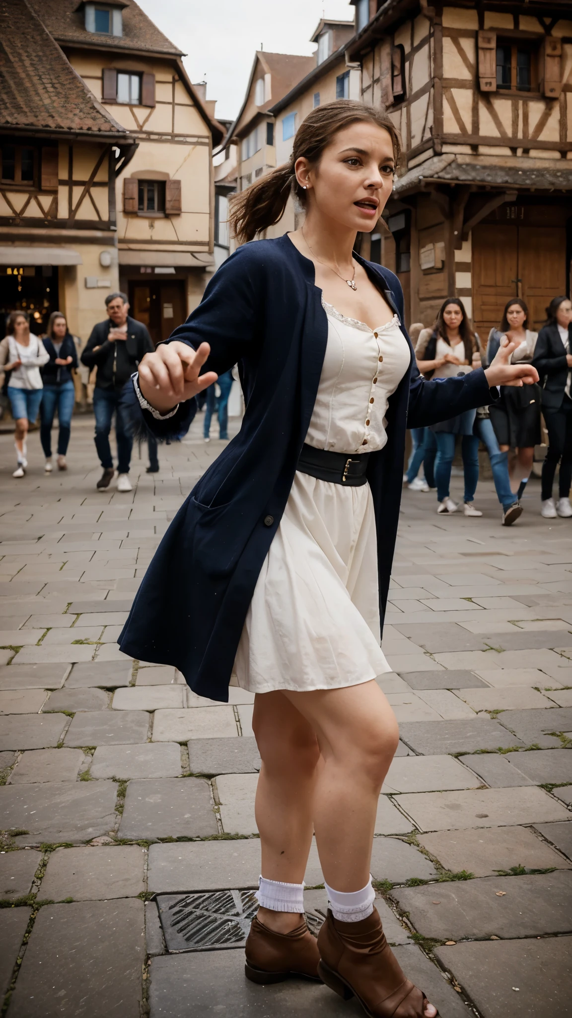 Youth 20~40 years oldwoman, a France nationalist, dancing profusely on the street of strasbourg, with expression of agony without music or drums. I’m nfluenced by dancing plague of year 1518. Old fashion and old France clothes