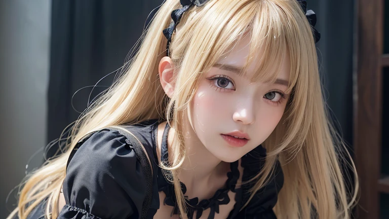 (long cut hair, Blonde Hair, bangs:1.2),((wearing black Gothic Lolita clothes:1.2),1 girl,Japanese,28 years old,(Small breasts:1.3),(highest quality,masterpiece:1.3,超A high resolution,),(Ultra-detailed,Caustics),(Photorealistic:1.4,RAW shooting,)Ultra-Realistic Capture,Very detailed,High resolution 16K human skin close-up。 Natural skin texture、,Pores、、It needs to be detailed enough to be easily identifiable。 Skin should be even-toned and healthy looking。 Use natural light and colour, Sad expression, Looking at the camera, Perfect dynamic composition, Inside the church