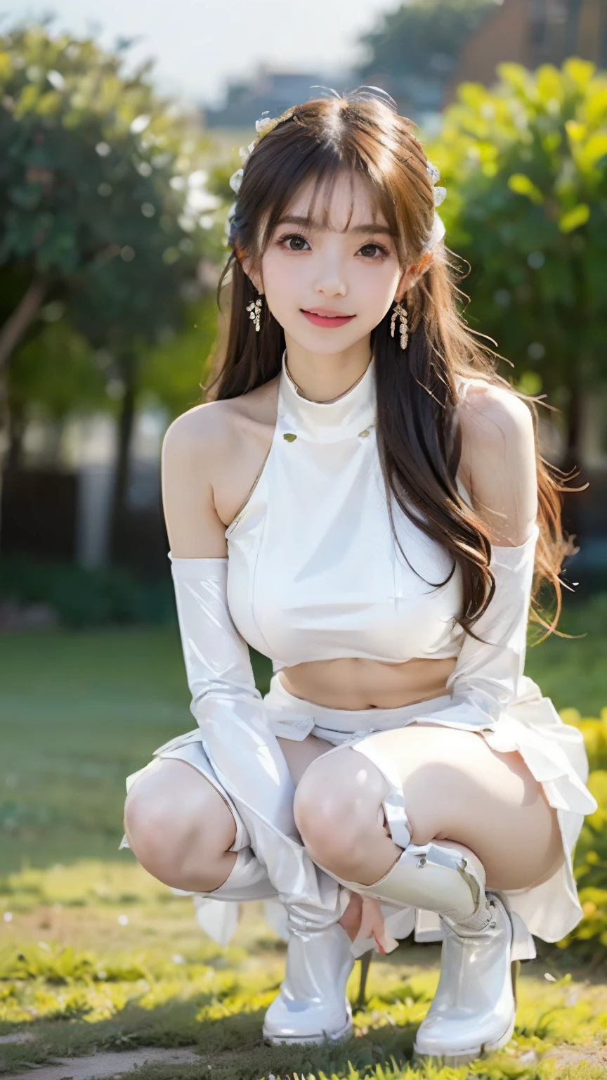 ((Top Quality)), ((Masterpiece)), (Details), Perfect Face,highest quality, photos,Japanese, beautiful legs, beautiful thighs, the most beautiful woman, 20 year old woman, golden earrings, (standing), posing like a model, looking at the viewer, smiling,BREAK (white theme:1.5), (all pure white costume:1.4), (Completely unified costume with white coloring:1.4), (sleeveless (white latex crop top) with high neck:1.4), ((bare shoulders, stomach, navel):1.3), (white latex A-line skirt with ruffles:1.3), (fusion of white latex long sleeves and white latex gloves:1.3), (white latex high platform thigh-high boots with heels:1.3), (countless rows of rivets on costume:1.4),A refreshing park on a sunny day with neatly arranged plants and grass.