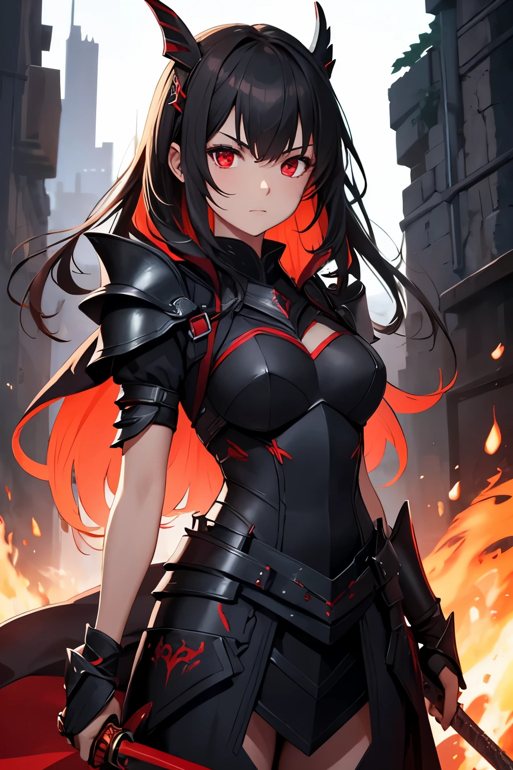 1girl, hight-quality, black armor, sword, fire, red eyes