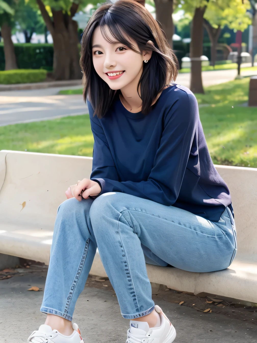 highest quality)), ((masterpiece)), (Get used to it), Perfect Face、((highest quality)), A neat and beautiful woman sitting on a park bench、Long sleeve blouse、Skinny jeans、sneakers、Black Hair、short hair、smile、smile showing teeth、Full body photo、Ear Piercing Information