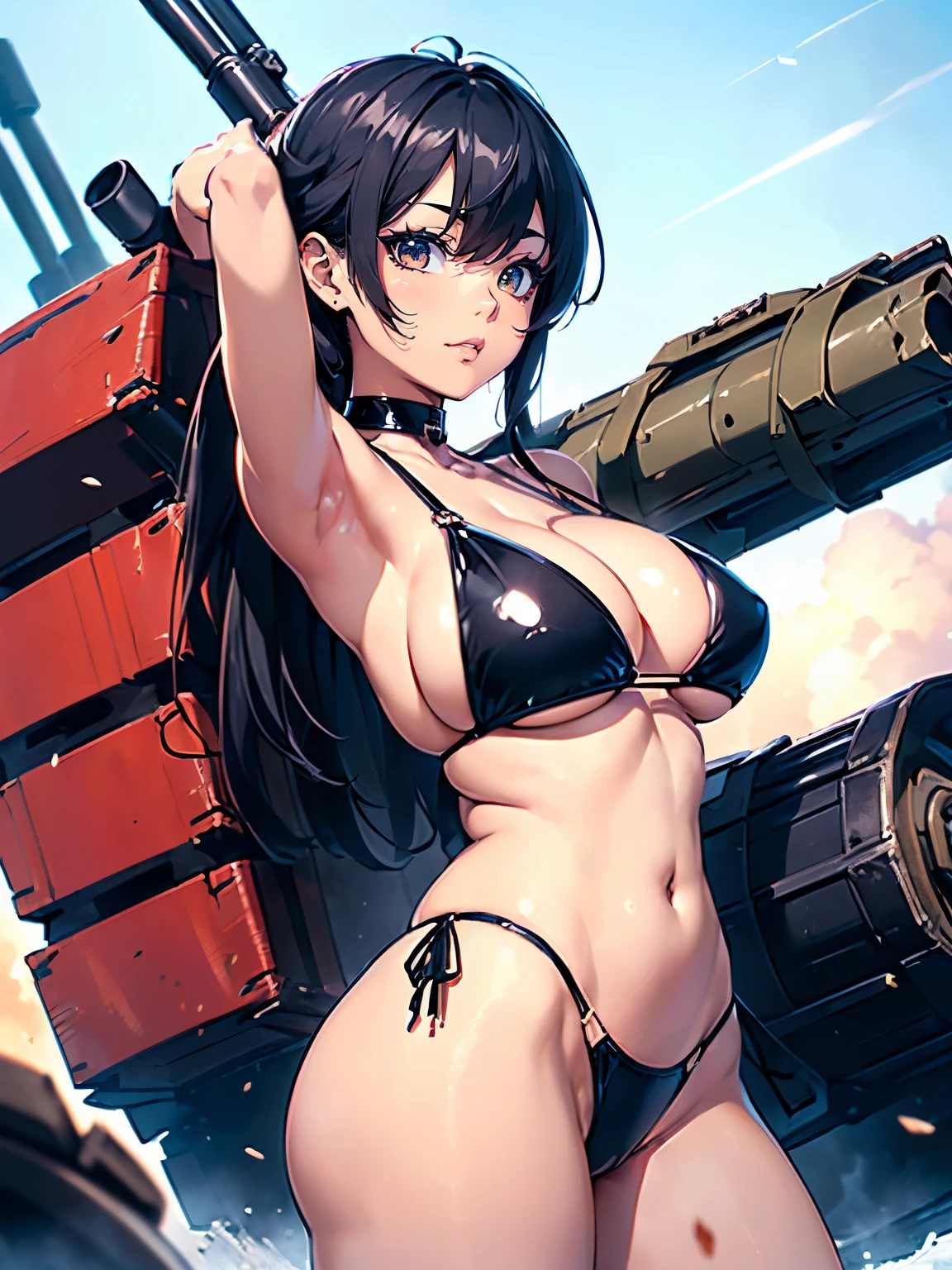 ((1 lady))、ultra-detailliert, Top image quality, digitial illustration, Seductive Anime Girl, Glossy realistic skin texture、Meticulously drawn hair, Meticulously drawn eye, Sharp Focus, Precise human body structure、Smooth texture、((Back view:1.3))、((Combative posing:1.5))、((Holding a big Heavy artillery:1.6))、((bazooka and gatling gun and rocket launcher))、((dynamism:1.3))、((dynamic angle:1.2))、((Being in battle field:1.2))、seductive smile、((latex micro bikini:1.3 crop top:1.3))、((sleeveless))、((cleavage:1.3))、((crop top navel))、((highleg:1.3))、((huge breasts:1.3))、((huge hip:1.3))、((thick thighs))、curvy、((collarbone))、((cameltoe))、Full body