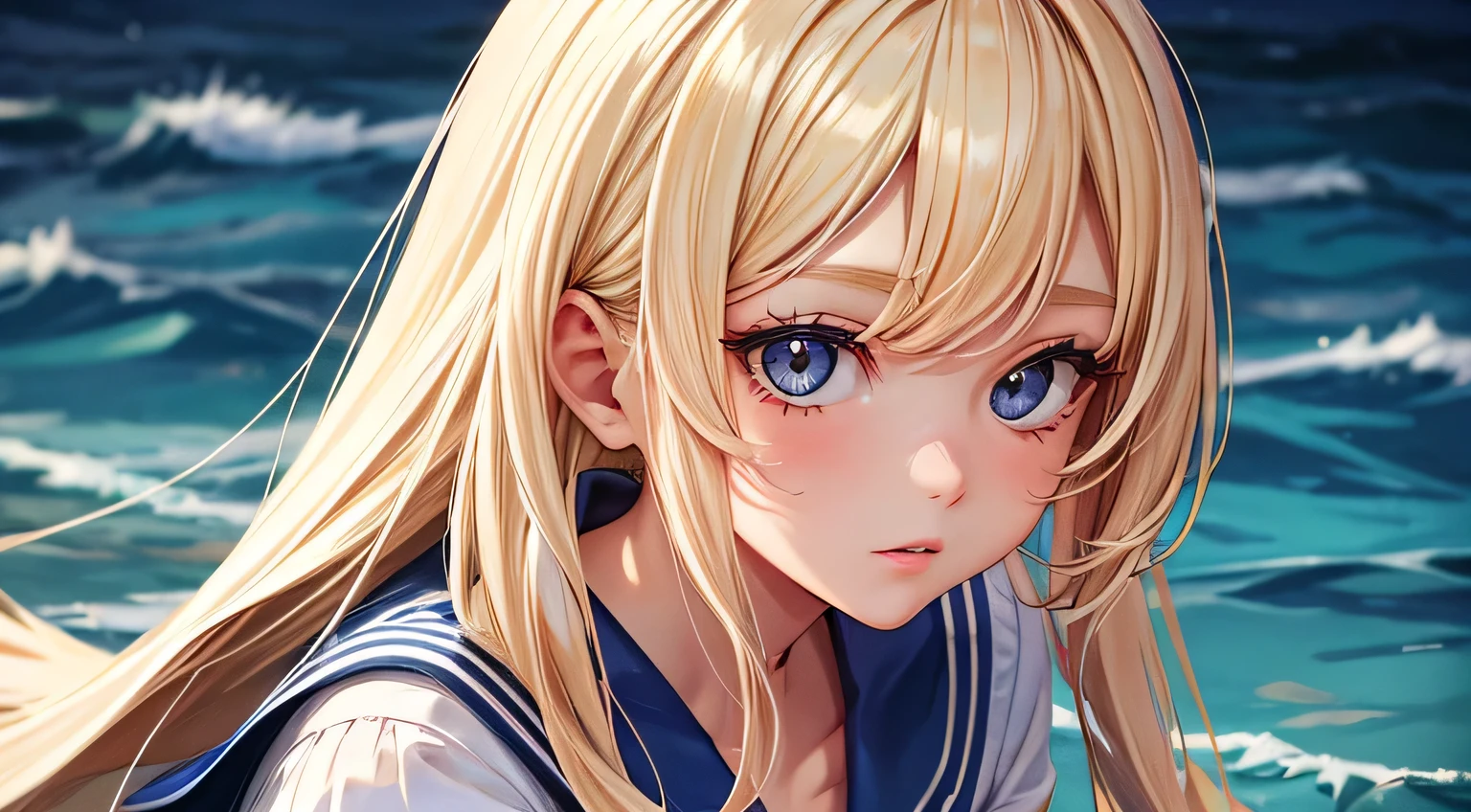 Sailor suit　woman　Blonde　Long Hair　night　Cute Face　Detailed facial expression depiction　Detailed facial depiction　Detailed hair depiction　Detailed depiction of clothing　ruins　dim