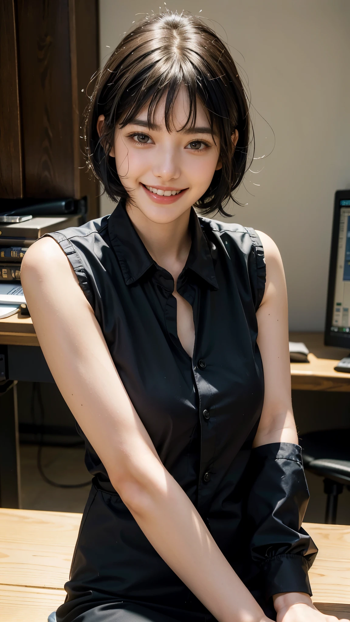highest quality, masterpiece, Ultra-high resolution, (Realistic:1.4), (Close-up portrait) RAW Photos, 1 girl,20-year-old,((Random Workplace)),((Please wear a uniform of your occupation randomly.)),((Jet black hair)),(((Work uniform))),((Bangs short hair)),Realistic,picture media chest)),((Smiling with teeth showing)),((Big smile))