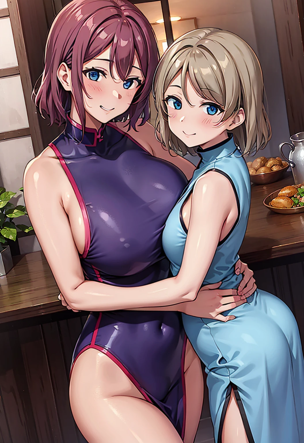 2 girls, hug,Mr.. Watanabe, blue eyes,Big Breasts, China dress, Sleeveless,Red face,Glossless hair,Bent body