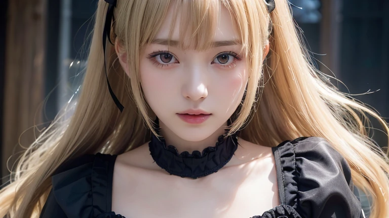 (long cut hair, Blonde Hair, bangs:1.2),((wearing black Gothic ta clothes:1.2),1 girl,Japanese,28 years old,(Small breasts:1.3),(highest quality,masterpiece:1.3,超A high resolution,),(Ultra-detailed,Caustics),(Photorealistic:1.4,RAW shooting,)Ultra-Realistic Capture,Very detailed,High resolution 16K human skin close-up。 Natural skin texture、,Pores、、It needs to be detailed enough to be easily identifiable。 Skin should be even-toned and healthy looking。 Use natural light and colour, Sad expression, Looking at the camera, Perfect dynamic composition, Inside the church