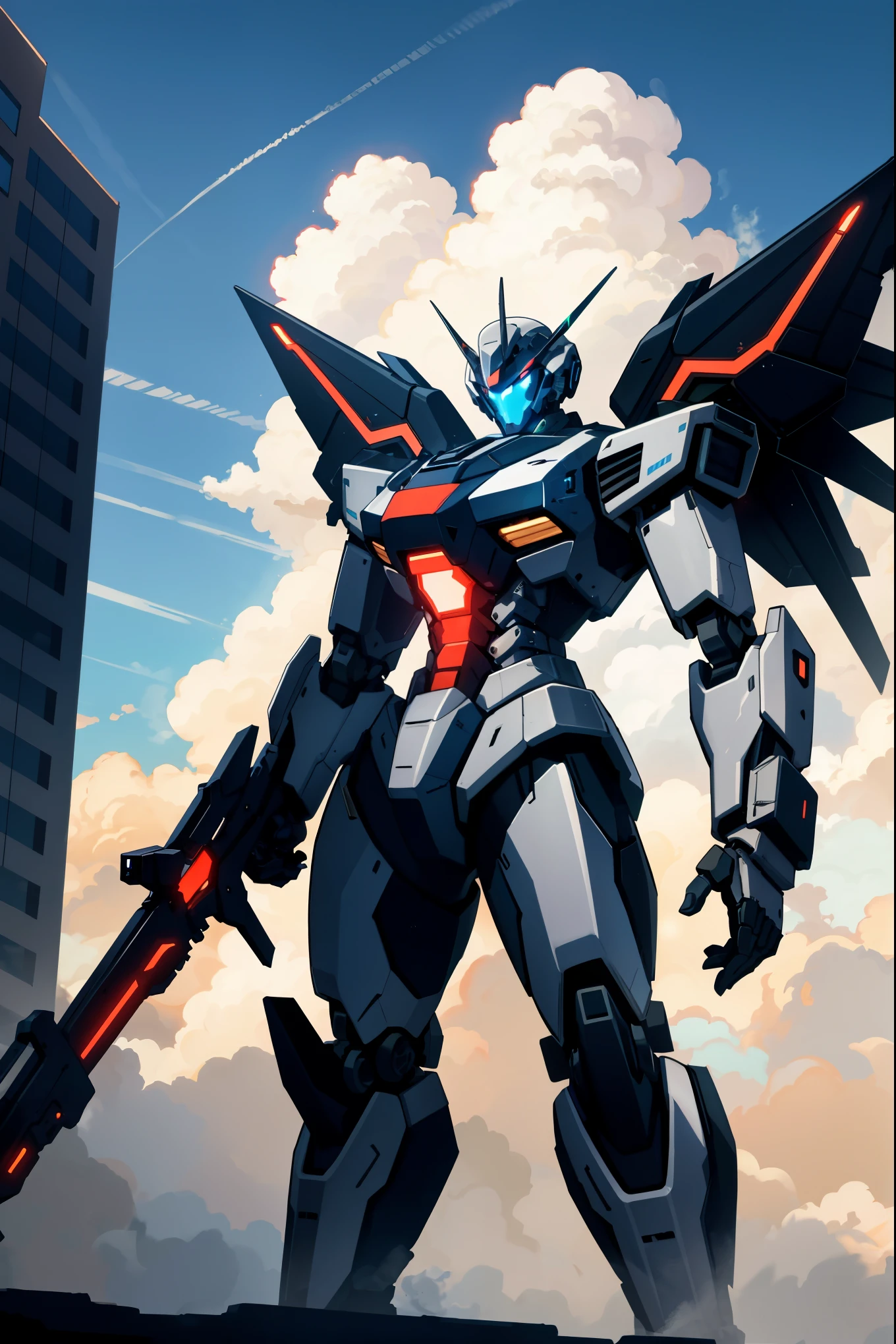 sky, cloud, holding_weapon, no_humans, glowing, , robot, building, glowing_eyes, mecha, science_fiction, city, realistic,mecha