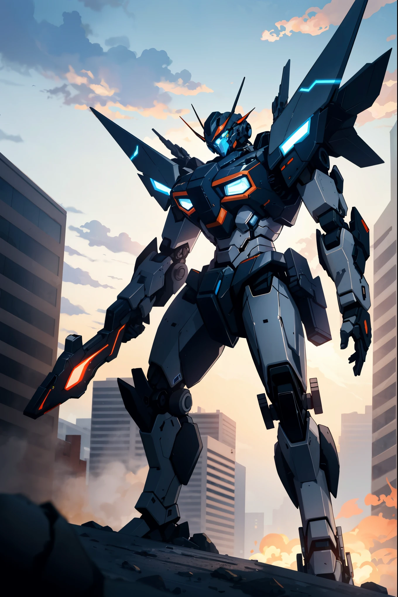 sky, cloud, holding_weapon, no_humans, glowing, , robot, building, glowing_eyes, mecha, science_fiction, city, realistic,mecha