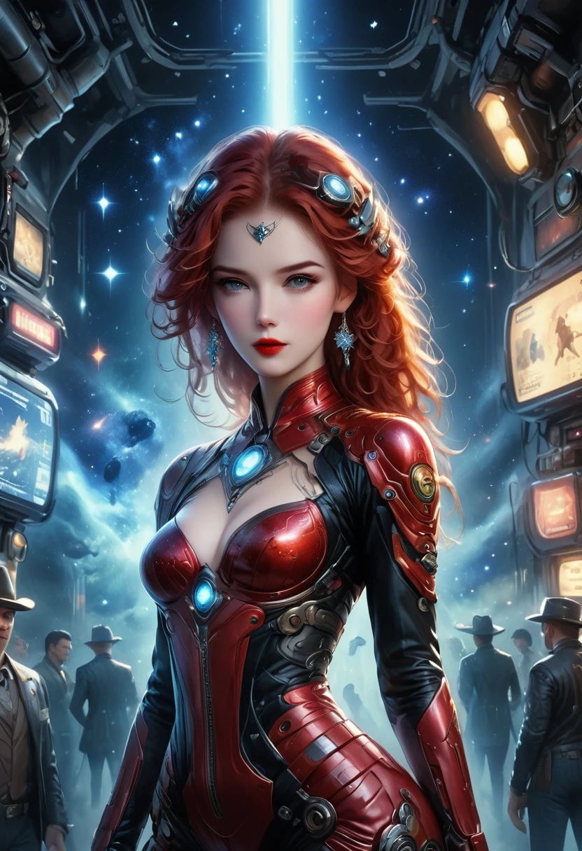 masterpiece, pale skin, red lips, light eyes, Eyeshadow, Frontal photo of a red-haired beauty with medium curly hair standing in the Star Tavern,Cyberpunk cowboy in interstellar tavern,Futuristic starry sky background,Alien Technology,Mechanical Cowboy,Wearing a red and black mechanical suit, Mafia style mechanical suit,Wearing a stylish cowboy hat,Jeans and high heels, Very detailed body, Alien Technology in detail, chiaroscuro, Natural light, Very detailed,
