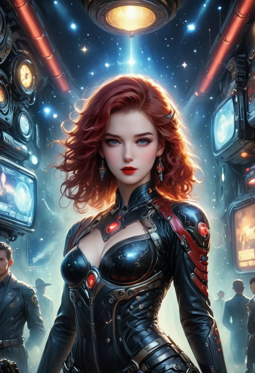 masterpiece, pale skin, red lips, light eyes, Eyeshadow, Frontal photo of a red-haired beauty with medium curly hair standing in the Star Tavern,Cyberpunk cowboy in interstellar tavern,Futuristic starry sky background,Alien Technology,Mechanical Cowboy,Wearing a red and black mechanical suit, Mafia style mechanical suit,Wearing a stylish cowboy hat,Jeans and high heels, Very detailed body, Alien Technology in detail, chiaroscuro, Natural light, Very detailed,