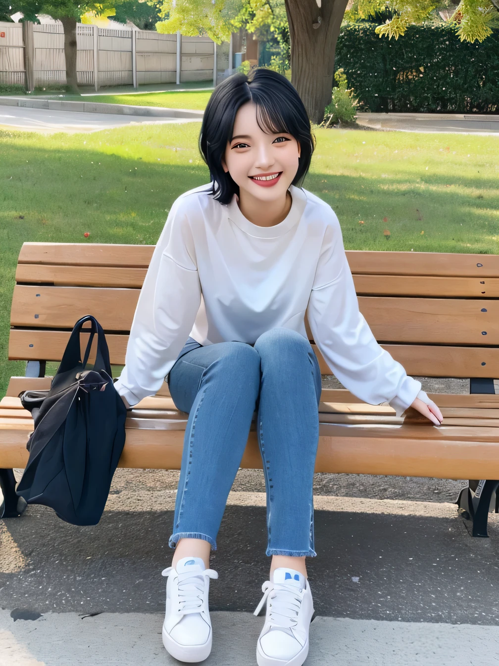 highest quality)), ((masterpiece)), (Get used to it), Perfect Face、((highest quality)), A neat and beautiful woman sitting on a park bench、Long sleeve blouse、Skinny jeans、sneakers、Black Hair、short hair、smile showing teeth、Full body photo、Ear Piercing Information