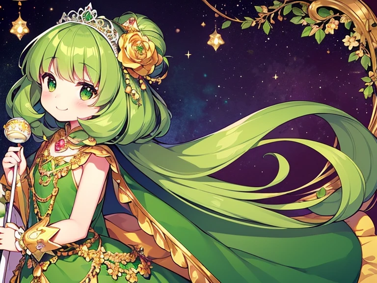 (kawaii),(best quality),(ultra detailed), upper body,(rococo style),(long train green cape:1.15), very long cape,(long train green ball gown with flower decorations:1.1), a girl is wearing a cape over her gown, 1 princess, tiara, smile, small breasts, very long hair