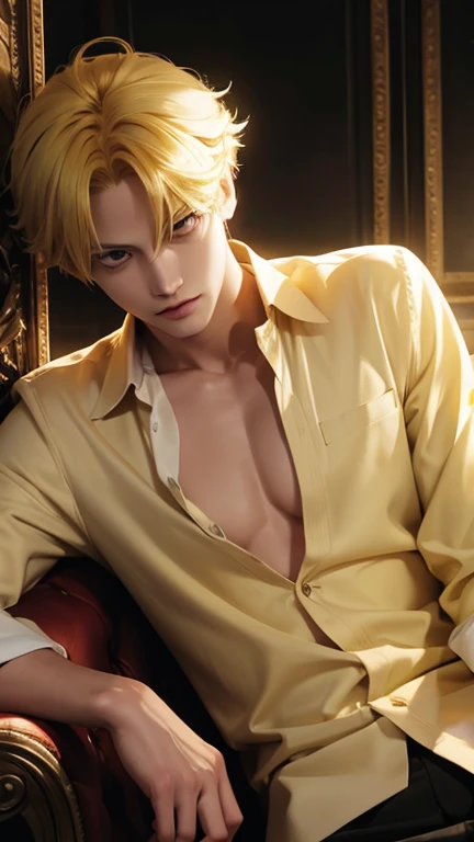 create an image of Solis, the prince of the sun. he is in his room in front of the mirror. He has white and shiny skin, as if it were made of sunlight. he has hair varying between shades of orange, rot, and gold. your eyes are deep yellow. he&#39;s wearing a tank top. he doing a pose showing his muscle. 3d. digitl art. High definition, hight contrast, high color saturation.