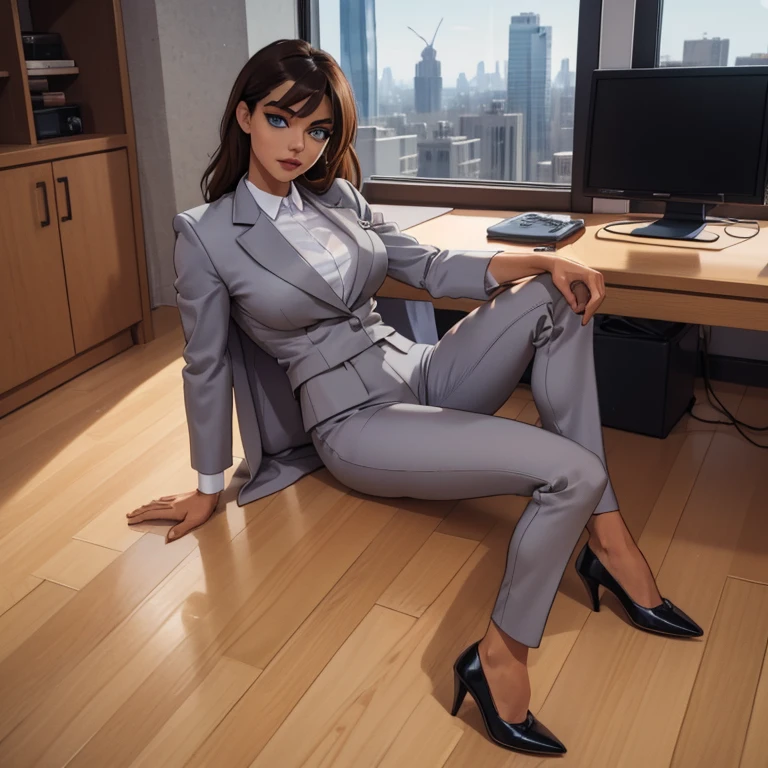 (masterpiece, high quality) woman, formal business suit, shirt, pants, solo , looking at viewer, perfect face, suits tan, tan colour, white shirt,sexy breasts,fit super model body, fit_business_suit s, crystal blue eyes, eyelashes, makeup, skyscraper, full body, she is the boss, ultra quality 4k, super confident, sit like the boss, [From Below, Looking Up][Modern Office Setting] tan colour office suits , tan shoes 