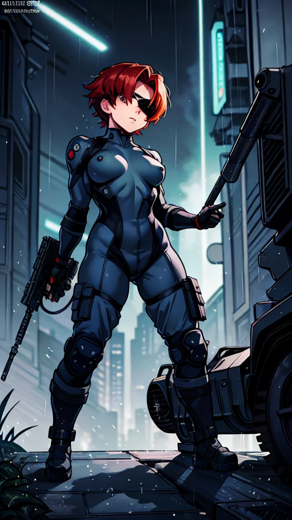 (masterpiece), best quality, expressive eymasterpiece, high-detail, sketch, dino crisis, [solo female], (aim pose, fight with raptor, holding mp5, holding weapons), black bodysuit, gray fabric layer under bodysuit, 30 year, bare shoulders, tactical fingerless glove, best quality, masterpiece, best quality, finely detail, beautiful detailed eyes, ultra detailed, extremely beautiful CG, super detailed skin, best quality, intricate, {{high quality}}, extra colors, 2D, megapixel, perfectionism, accent lighting, full HD, 4K, sukeban, sukeban deka, delinquent,) (1girl, full body, 1girl, solo female, mature female, full body, contrapposto, big boss metal gear, the boss metal gear, Escape from New York, akira, blade runner, die hard, metal gear solid v, snake plissken, rex power colt, Far Cry 3 Blood Dragon,) ( collarbone, red hair, red eyes, short hair, weird red hair, short red hair, evil smile, small_breasts, best quality, beautifully detailed face, ray tracing, DOF,HDR, smoking) (fingerless_gloves,  fully clothed, gloves, cigarette, jacket, eyepatch on one eyes, eyepatch on the left eyes, tactical gear, tactical uniform, camouflage bodysuit, sneaking_suit) gainax anime style, studio gainax art, studio gainax illustration,inspired by Masamune Shirow, studio gainax, by Masamune Shirow, beautiful charcter from evangelion (outdoors, (night:1.1), military base background, radio tower background, science fiction background, futuristque background , outdoor, akira city sky line background, official art, raining, rain, storm, science fiction military base background), perfect face, 