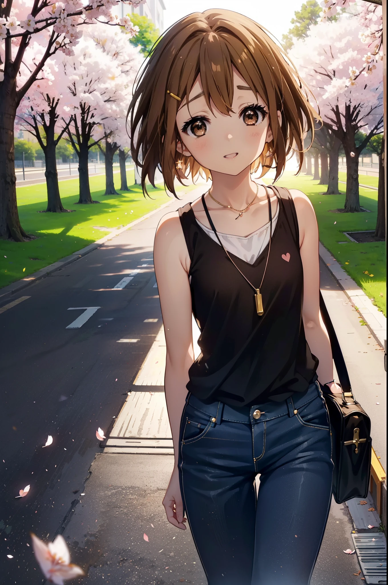 yuihirasawa, Yui Hirasawa, short hair, brown hair, hair ornaments, (Brown eyes:1.5), happy smile, smile, Open your mouth,Hair Clip,Long-legged vest,Tank top shirt,Bare arms,Bare neck,Heart Necklace,skinny pants,Stiletto heels,Cherry blossoms are blooming,Cherry blossoms are scattered,Cherry blossom tree-lined path,evening,sunset,The sun is setting,Looking down from above,
break outdoors,School　School building,
break looking at viewer, (Cowboy Shot:1.5),
break (masterpiece:1.2), highest quality, High resolution, unity 8k wallpaper, (figure:0.8), (Beautiful fine details:1.6), Highly detailed face, Perfect lighting, Highly detailed CG, (Perfect hands, Perfect Anatomy),