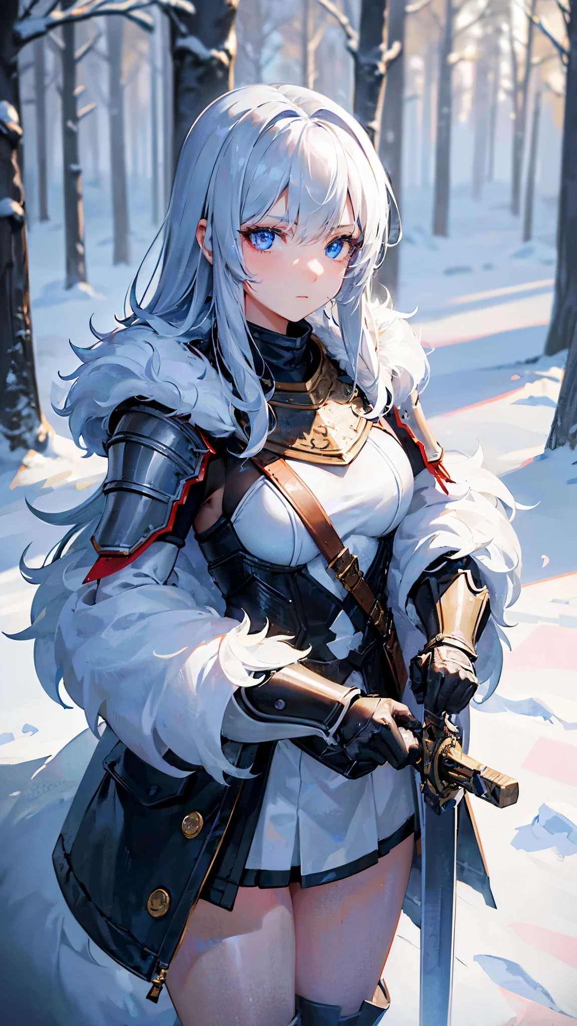 (best quality,4k,highres),(realistic,physically-based rendering),a girl,armor:simple,winter,fur,holding a sword,serious expression,vivid colors,portrait,sharp focus,studio lighting,detail of the eyes,metal texture,cold environment,forest background,falling snow,smoke effect