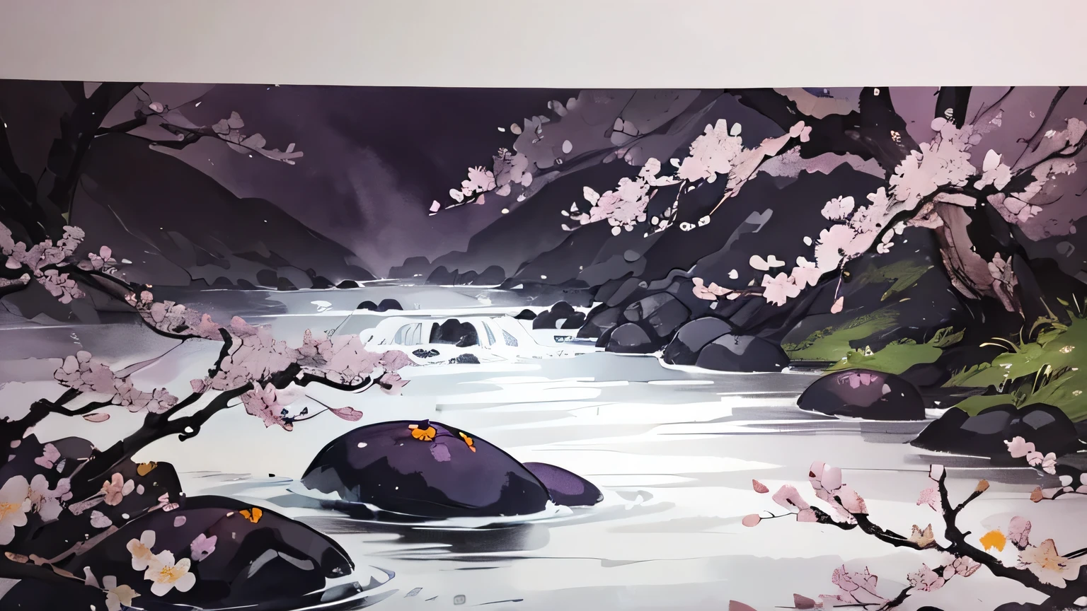 Ink painting and watercolor,drawing on rice ,Use thick and light inks to create light and dark changes and layers, deep black、Thick gray、Light coffee, ETC,Express different situations and atmospheres,Control the gradient and transition of ink colors through the humidity and consistency of the ink, (Close-up of plum blossoms:1.5),Yuki,desolated, Desolate, Solitude,Black and white tones, Lots of white space,Tradition Chinese Ink Painting, traditional chinese art, author:Guo Xi, author:Ma Yuzaiyu, Traditional chinese painting, author:Xu Xi, author:Luo Mu, author:Y in g Buzhi, author:Li Kel here, author:wisdom'Show on the, Ink painting and watercolor ) ) ) ), China ink painting, chinese painting style, small stream, clear running water, rocky stream, water fall, a fisherman standing on the bank fishing,