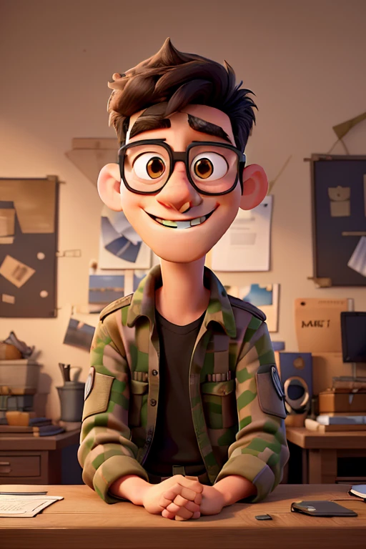 In the magical world of Disney Pixar, Imagine a brave and confident adult male character. He wears black military pants, Ballistic vest for protection, A long-sleeved red shirt adds a touch of color to his outfit, He completes his look with a black hat that sits gracefully on his head and sunglasses that hide his eyes. His smile radiates warmth and reassurance, Giving an aura of gentleness and calm, Despite his military appearance. The scene is vividly brought to life in Pixar's signature digital art style, With textured details that make every pixel count. Vibrant colors burst from the background, Add depth to sitting at a desk