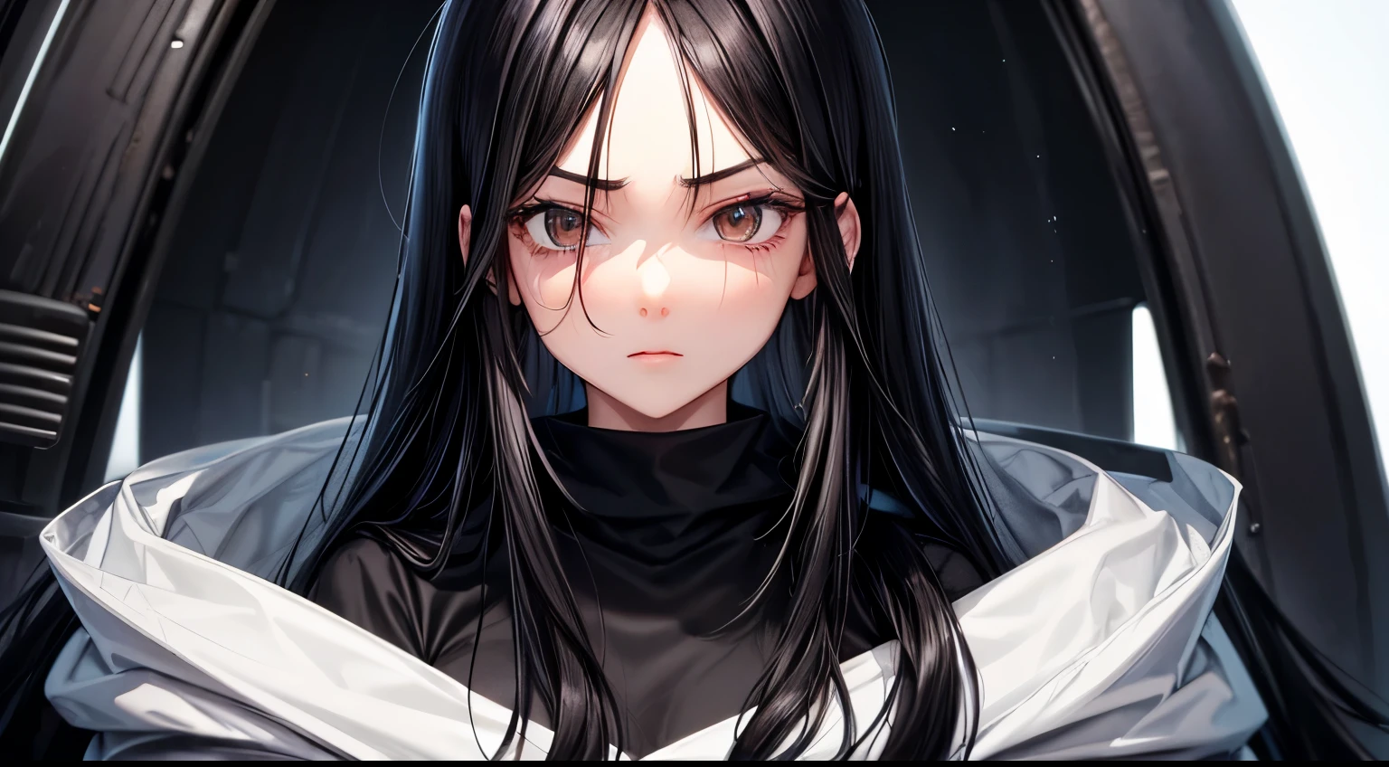 Oversized hoodie　woman　Black Hair　Long Hair　midnight　Cute Face　Detailed facial expression depiction　Detailed facial depiction　Detailed hair depiction　Detailed depiction of clothing　ruins　dim