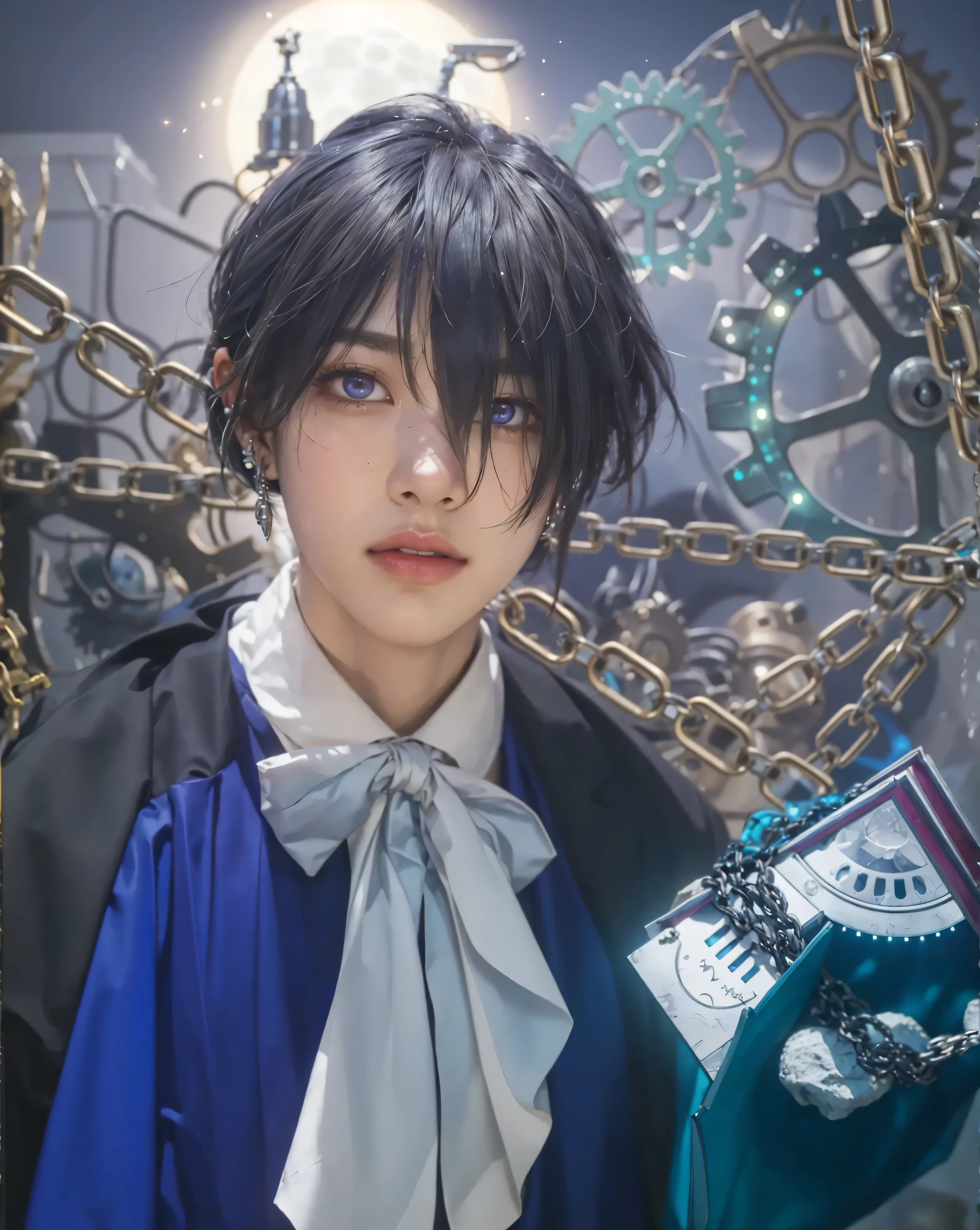 ((VANITAS_ VANITAS NO CARTE),((realistic, photorealistic)),(highlight hair)), Light reflection, (( HD )),((upper body)), (((best quality, masterpiece))), (masterpiece) (best quality) (detail) (8k) (HDR) (wallpaper) (cinematic lighting) (sharp focuasterpiece, best quality: 1.1), Real life adaption of this character, Asian teen beauty face, Shining Purple eyes, realistic outfit, realistic shadow, realistic light, realism, hyper realistic, realistic background,(photorealistic:1.2), 1man,Night palace background with moon, gears, glowing chains, motion blur, earring jewelry, glow effect, VANITAS book wrapped in chains