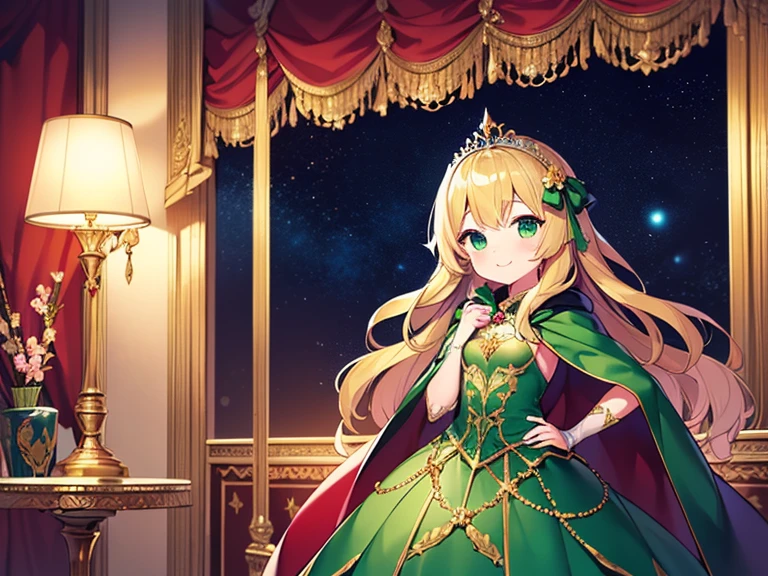 (kawaii),(best quality),(ultra detailed), upper body,(rococo style),(long train green cape:1.15), very long cape,(long train green ball gown with flower decorations:1.1), a girl is wearing a cape over her gown, 1 princess, tiara, smile, small breasts, very long hair