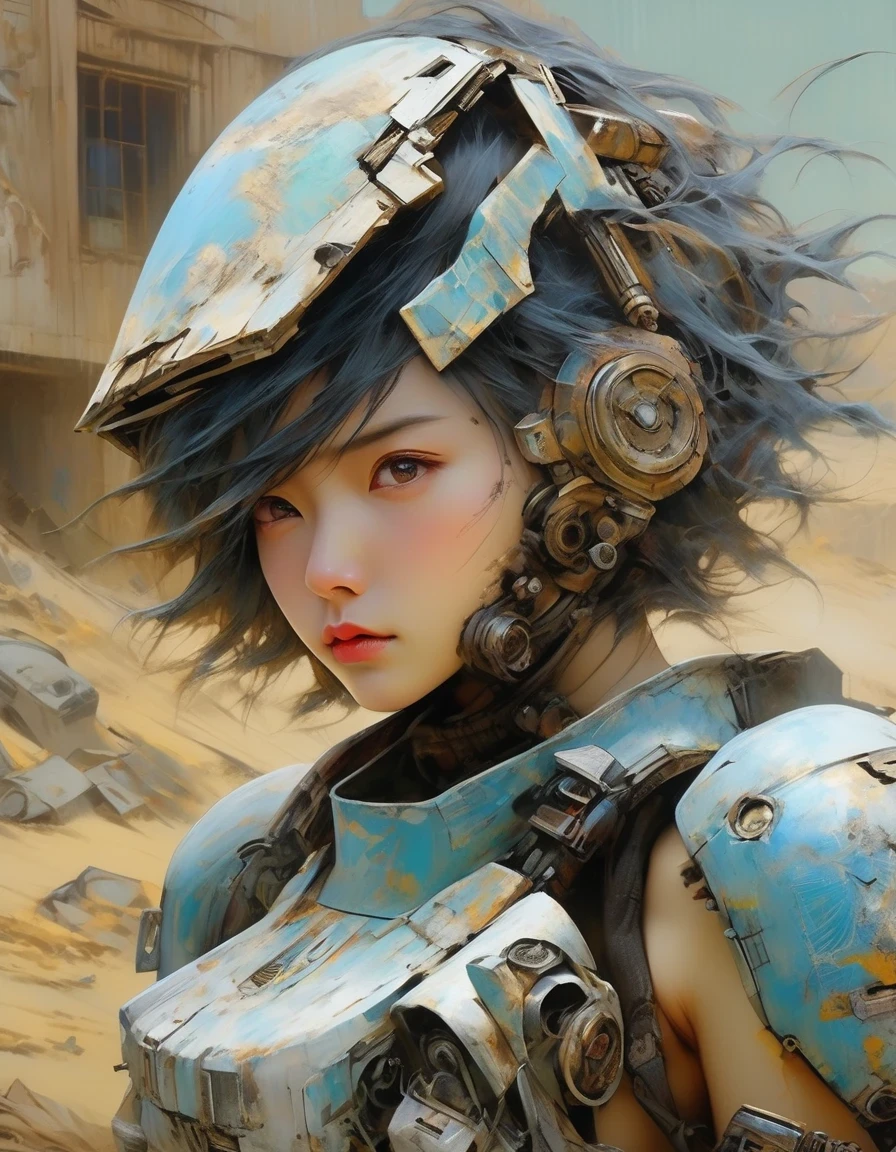 UHD, masterpiece, textured skin, high details, high quality, award winning, best quality, highres, 16k，  Science fiction film,full of fantasyfantastical ideas,by van gogh,Big roundspaceship,Doomsday, wasteland style,hd,8k
in style of Alice Pasquini，Post-apocalyptic wasteland，（In the doomsday world, the extremely beautiful and powerful heroine is holding a gun），Mecha Clothing，Short blue hair，Beautiful Asian face，, mechanical, Glass mask passes light through, Delicate skin texture, Determined gaze，It&#39;s the scorching sun and strong wind，Yellow sand rolling，The broken eaves and broken walls are everywhere, and the scene is desolate.。In a post-apocalyptic environment，Regardless of appearance or practicality，Everything is for survival，Exaggeration in appearance，Can make enemies feel fear。Many items are basically worn out.，Rust，The form of splicing，Add splash graffiti to create the environment of a wasteland world。Elements such as neon lights will often appear in Post-apocalyptic wasteland。The most important point is that the wasteland world is a world after the collapse of technological civilization.，Productivity setbacks，Material resources are extremely scarce，