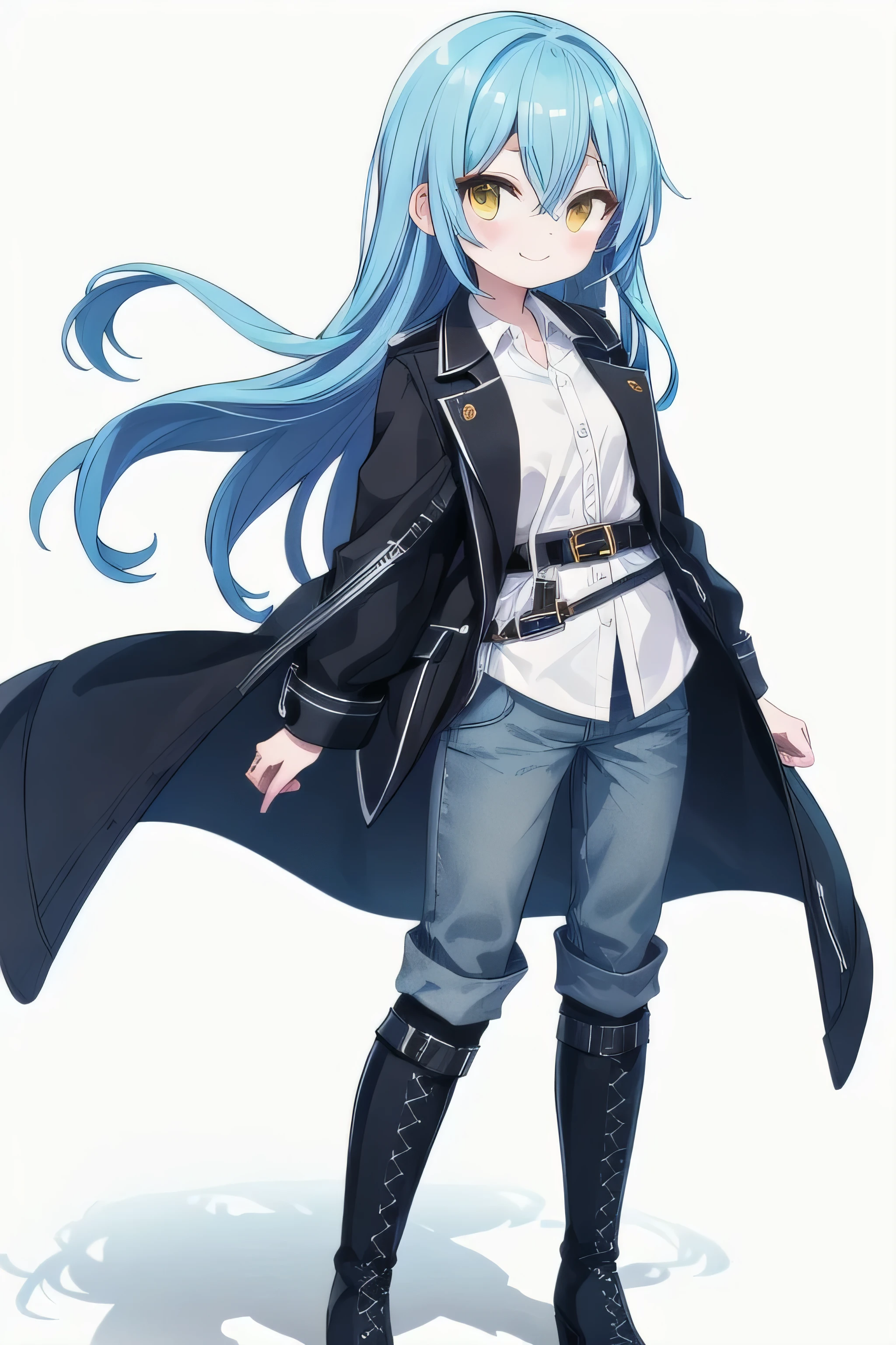 masterpiece, top quality, super detailed, CG illustration, high resolution, better lighting, best shadows, very delicate and beautiful, proper shading, hd, 8k,rimuru tempest, solo, long hair, looking at viewer, smile, bangs, simple background, shirt, long sleeves, white background, hair between eyes, closed mouth, blue hair, standing, full body, yellow eyes, white shirt, boots, open clothes, shiny, collared shirt, belt, pants, black footwear, shiny hair, coat, dress shirt, floating hair, knee boots, wing collar, androgynous, 1other, buckle, cross-laced footwear, black belt, open coat, black coat, belt buckle, lace-up boots, grey pants