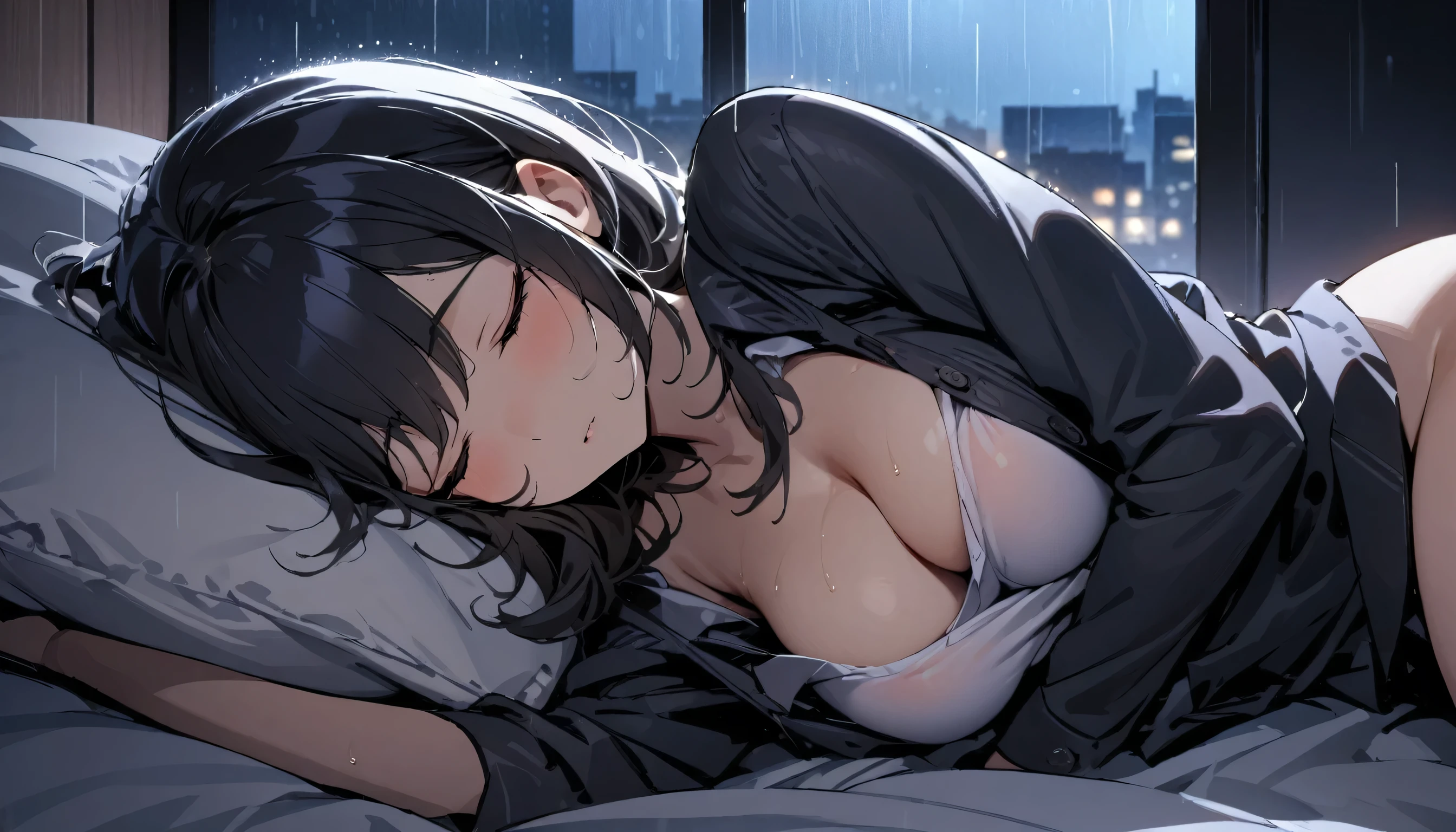 ((best quality)), ((masterpiece)), (detailed), perfect face, lying in bed and sleeping, take off all clothes, rainy window, Rainy night, eyes closed, one woman, underclothed, butt visible, breasts visible, sleeping on a pillow