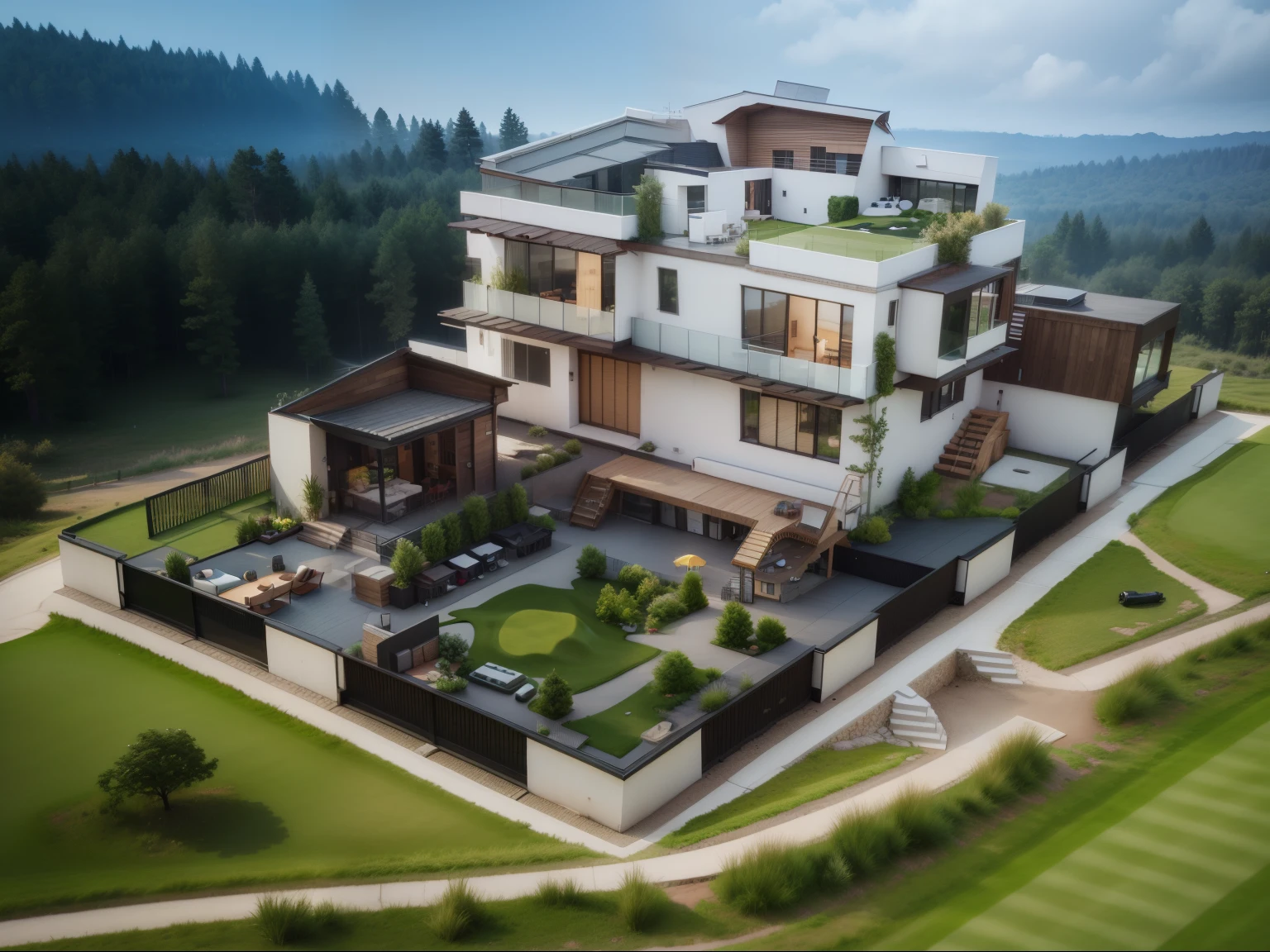 a rendering of a house with a golf course and a golf course, 3 d perspective, isometric view!!!!, exterior design, 3d rendering!, 3 d rendering!, sloped site, concept house, lumion rendering, architectural rendering, isometric perspective view, large modern residence, rendered in lumion pro, 3d rendering, 3 d rendering, insanely detailed rendering