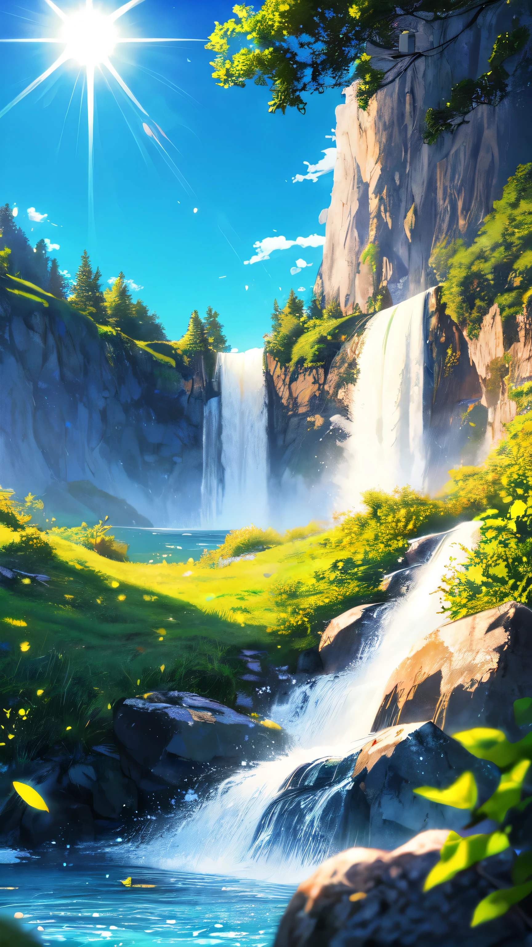 anime inspired greenery alps with bright blue sky and bright sun with waterfalls(glowing fireflies and butterfiles )(greenery view)(bright blue shinning sky)(night view)(borkeh effect)(far angle view)