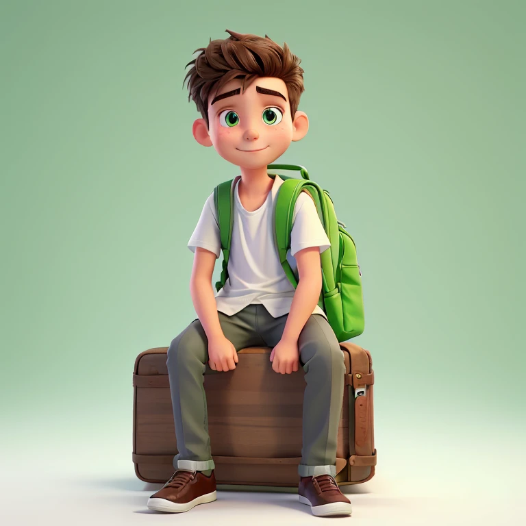 20 year old boy wearing white shirt with backpack and green background sitting at white desk