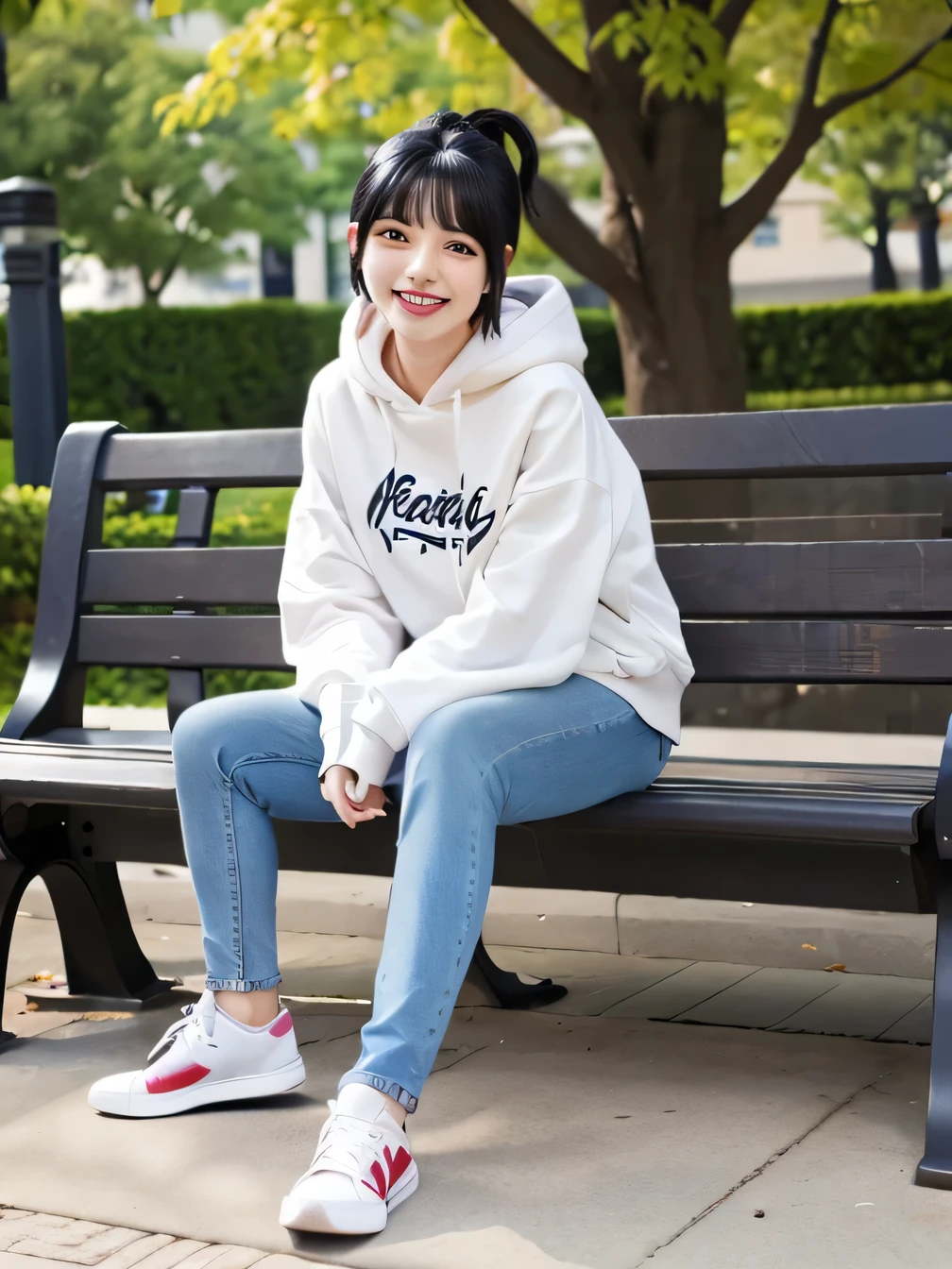 highest quality)), ((masterpiece)), (Get used to it), Perfect Face、((highest quality)), A neat and beautiful woman sitting on a park bench、hoodie、Skinny jeans、sneakers、Black Hair、short hair、smile showing teeth、Full body photo、Ear Piercing