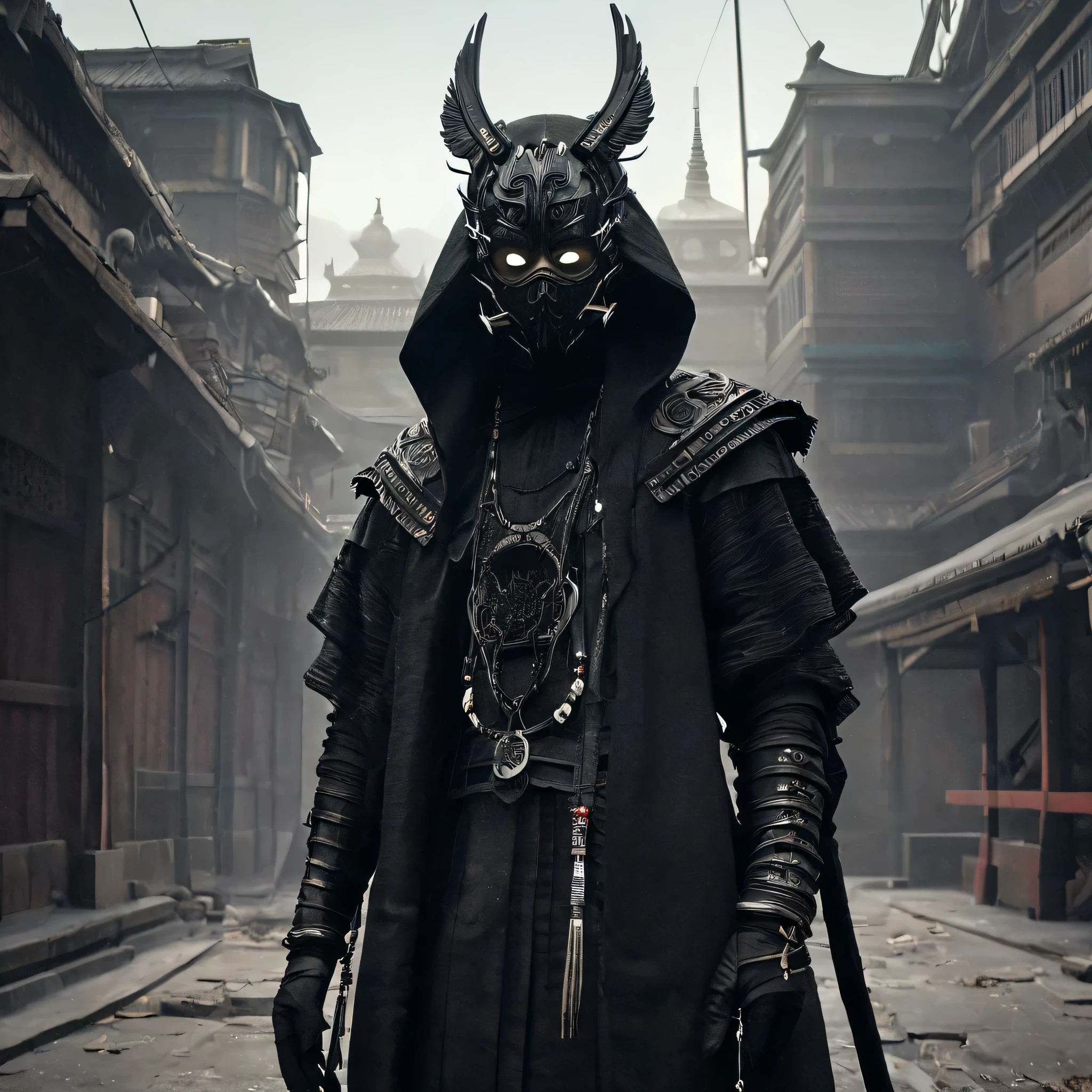 arafed image of a person dressed in a black outfit and a mask, very beautiful cyberpunk samurai, gothic - cyberpunk, orthodox cyberpunk, rococo cyberpunk, ornamental gothic - cyberpunk, ornate cosplay, occult cyberpunk, mystical post apocalyptic cyborg, steampunk angel, hyperdetailed fantasy character, steampunk aesthetic, steampunk fantasy style, japanese gothic, hyper - goth, beautiful male god of death