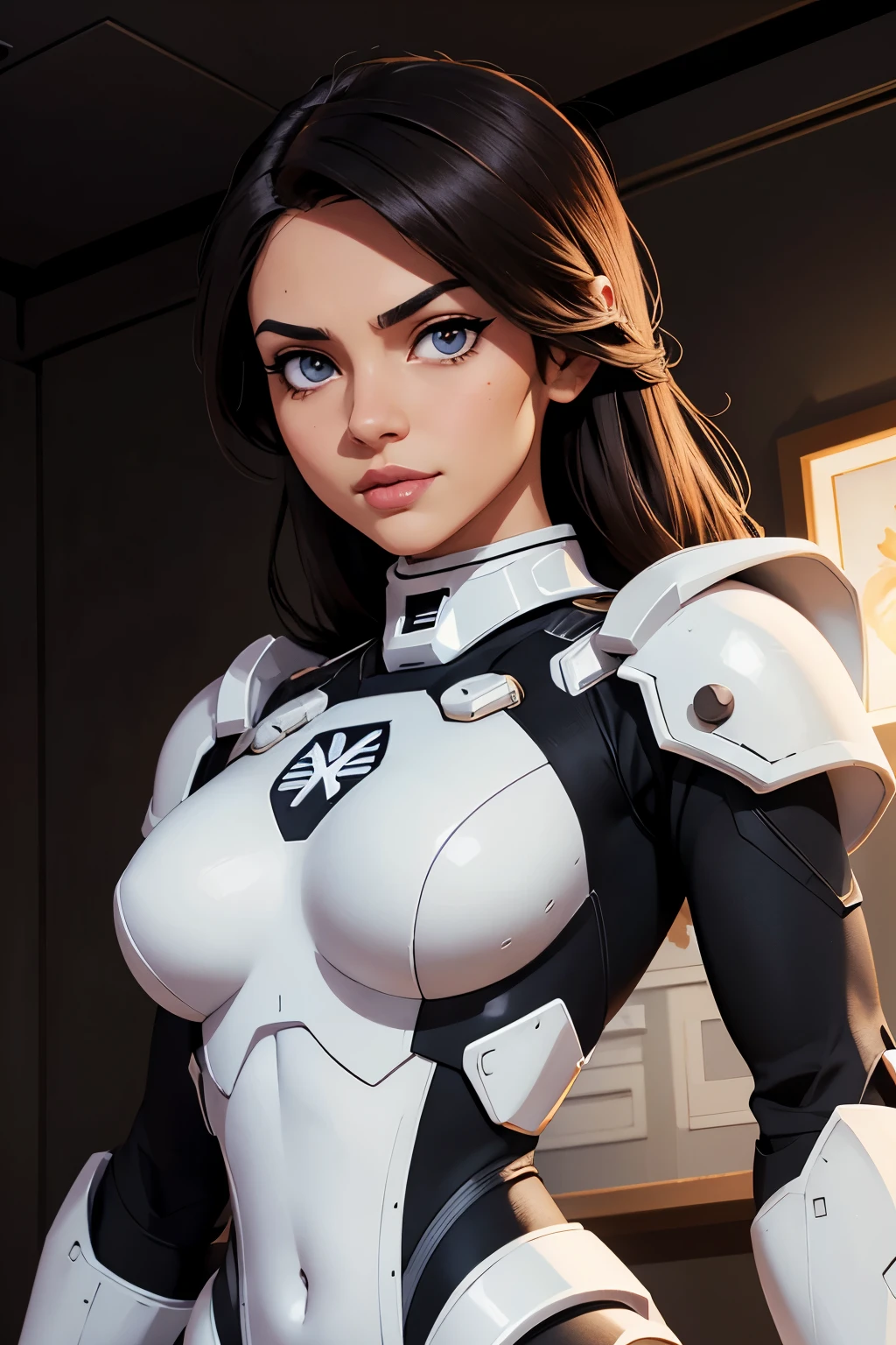 (upper body), (realistic, [anime]), (3d:0.3), dramatic lighting, ((masterpiece)),(quality),(highres), tall Lady Voidstar, [[covered abs]], ((x-ray power armor|lined bodysuit|white power armor) mechanical arms), long black hair undercut, [evil smile], small breasts, covered navel, eyeliner, eyelashes, perfect face, beautiful nose, detailed pupil, beautiful eyes, detailed eyes, brown eyes, perfect lips, a-pose on monitor, simple background, [boku no hero academia], (zet:1) ,  