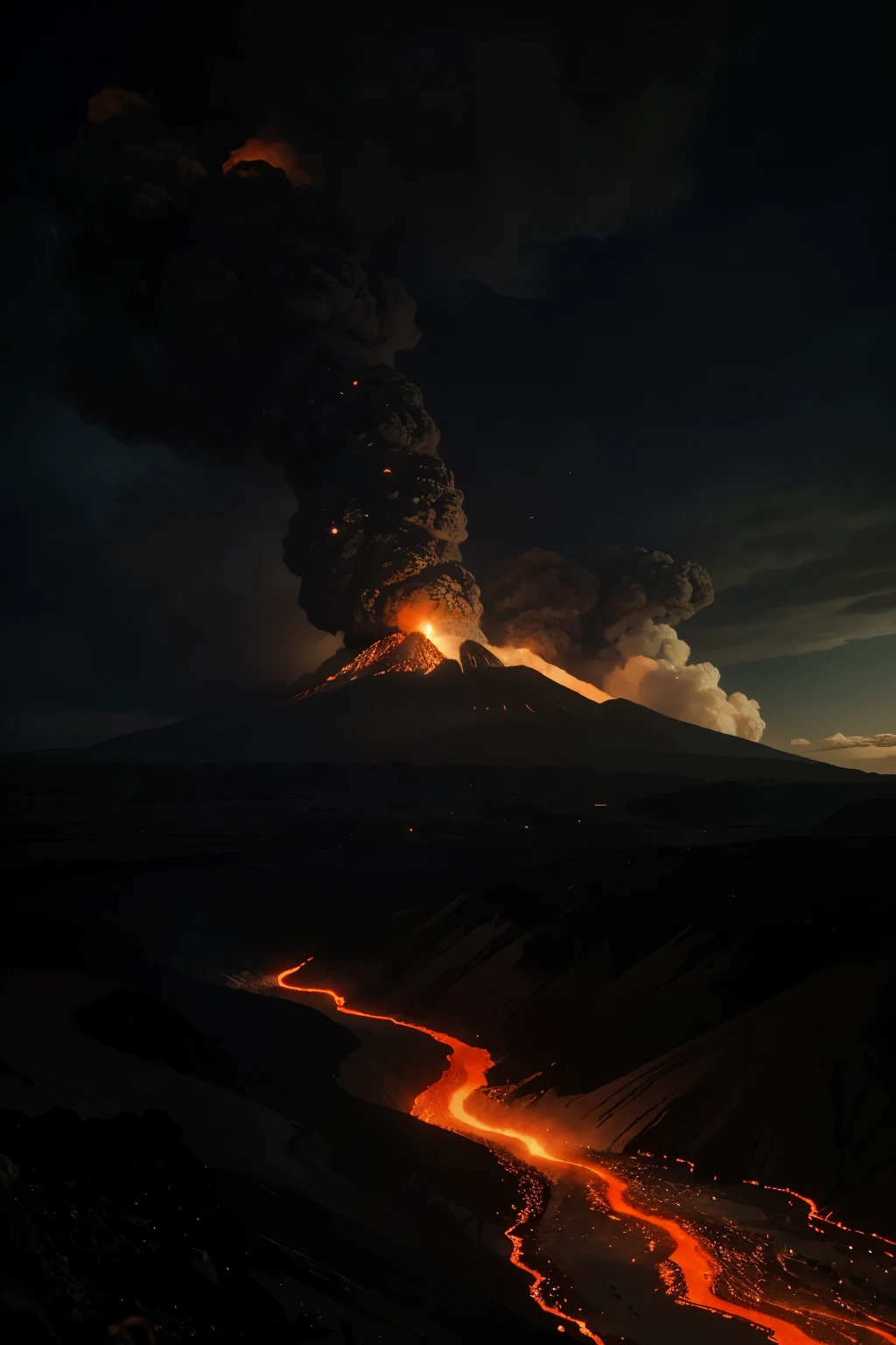 a post apocalyptic world with volcanoes erupting, black smoke coming out of the mouth of volcanoes, rivers of lava flowing, fires burning everywhere, black sky filled with ash and smoke