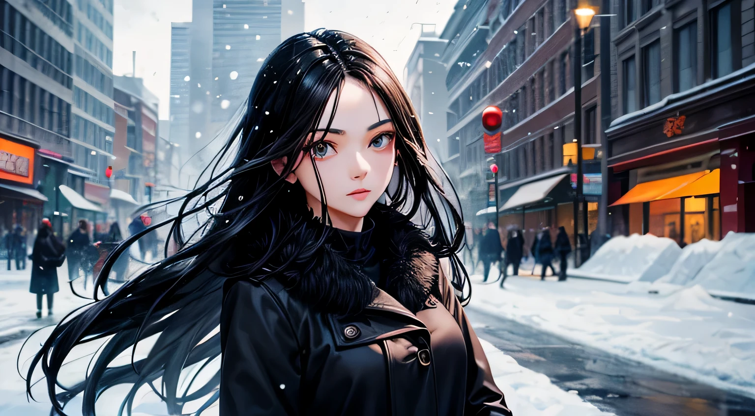 mod coat woman Black Hair Long Hair midnight Cute Face Detailed facial expression depiction Detailed facial depiction Detailed hair depiction Detailed depiction of clothing It's snowing bustling street