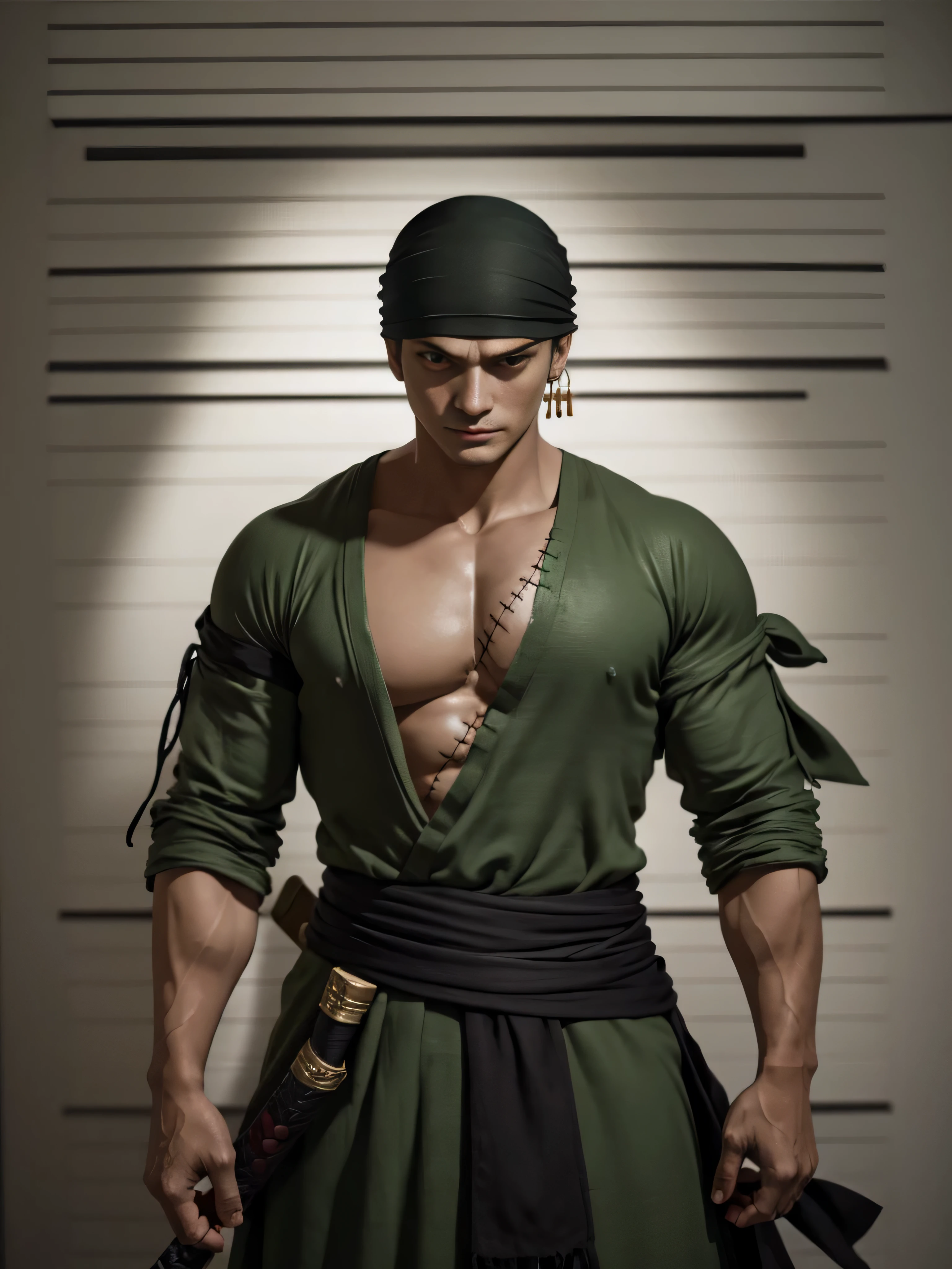 1 male, looking at the camera, ultra realistic, fully detailed, mountain environment, sharp eyes, scar at left eye, white dress torn and stained with blood, putrid wounds, sensual, terrifying, bruised by the body, exposed fracture in the collarbone, slight smile, super detailed, white eyes, scars in the body, Zoro, Roronoa Zoro, green dress, bandana tied in arms, 3 katana holding, full body view, 8K