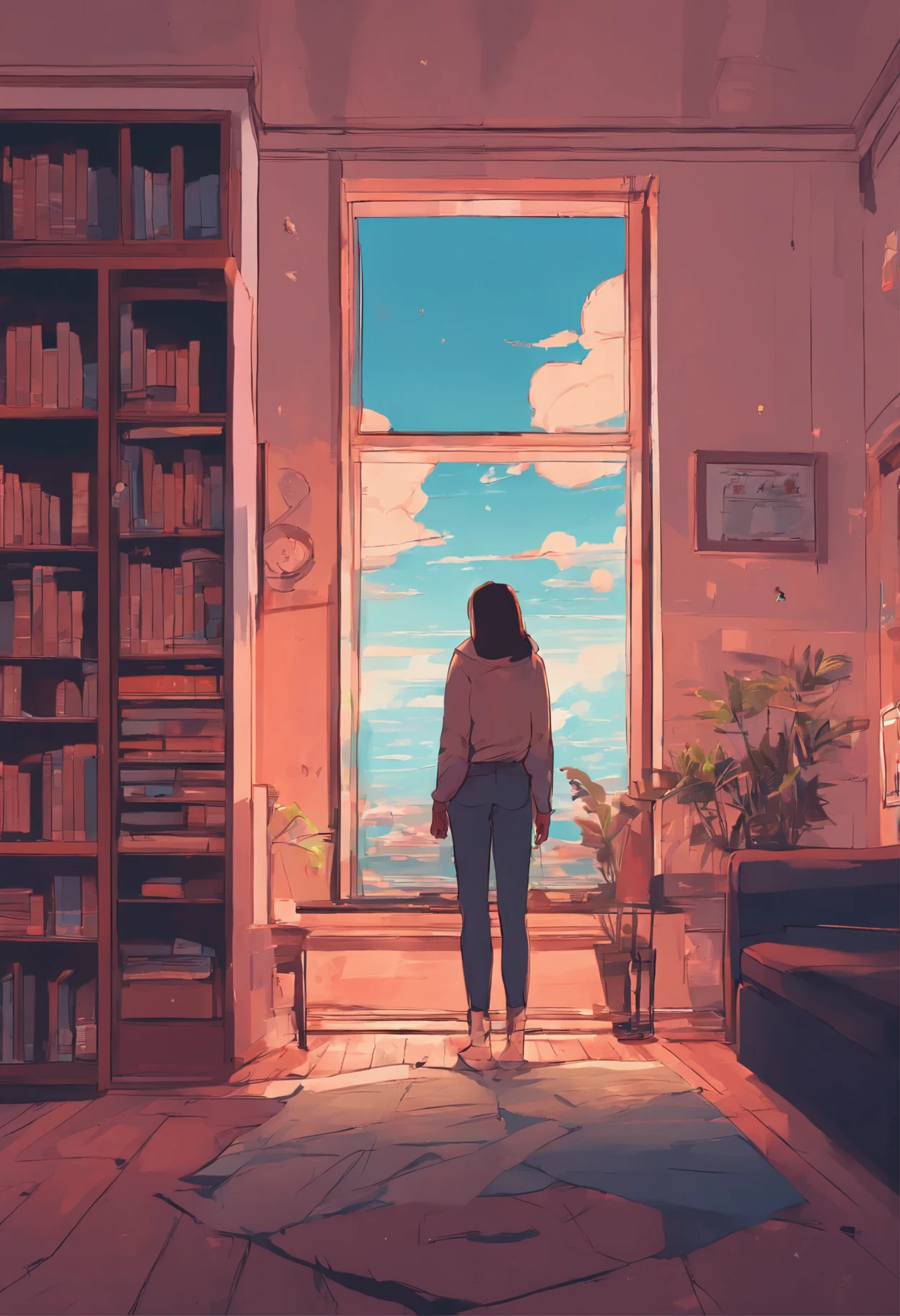 there is a woman standing in a living room looking out the window, style of alena aenami, lofi artstyle, lofi art, inspired by Alena Aenami, art of alena aenami, by Alena Aenami, lo-fi illustration style, lofi girl, artistic. alena aenami, lo-fi art