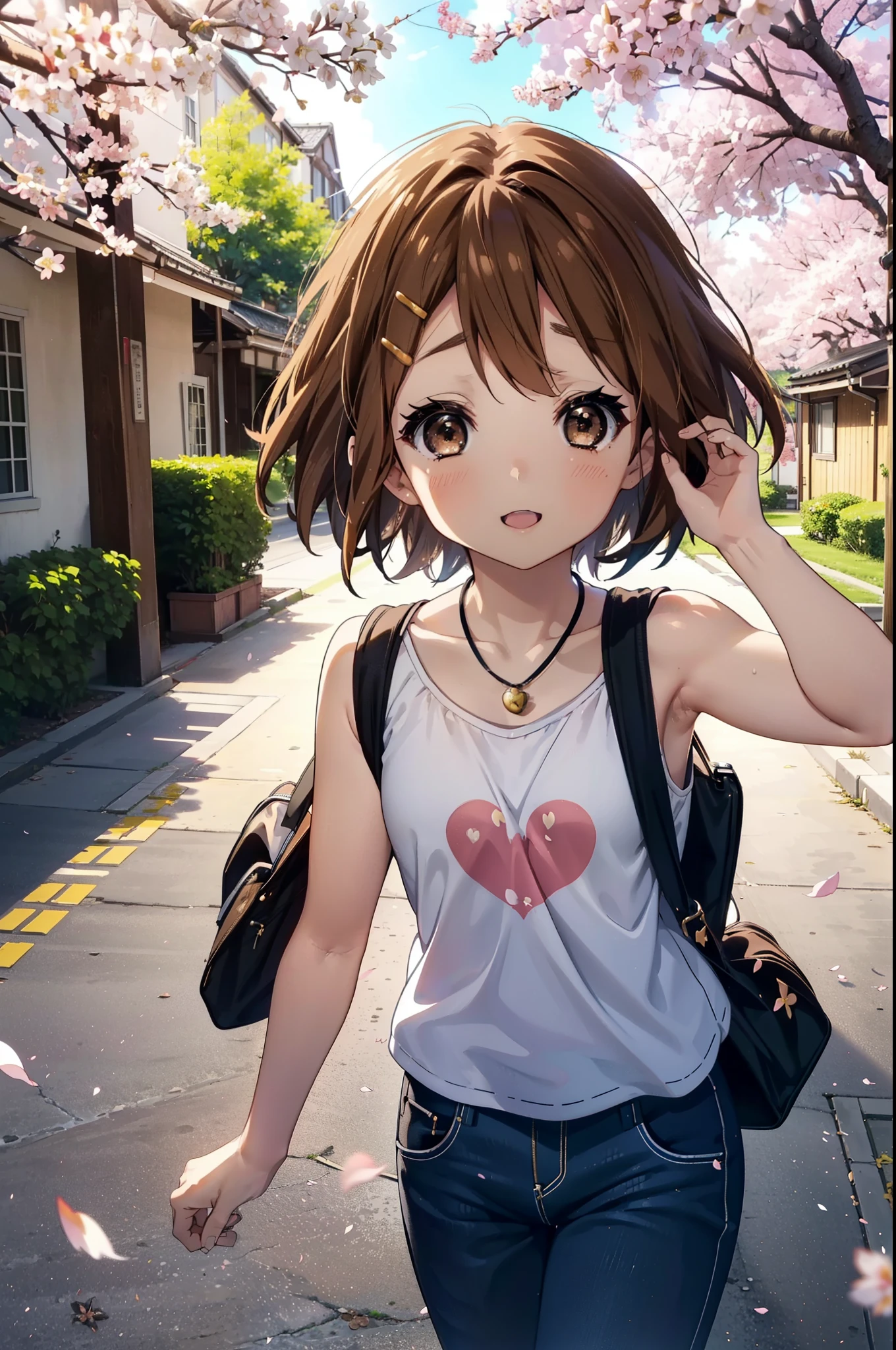 yuihirasawa, Yui Hirasawa, short hair, brown hair, hair ornaments, (Brown eyes:1.5), happy smile, smile, Open your mouth,Hair Clip,Long-legged vest,Tank top shirt,Bare arms,Bare neck,Heart Necklace,skinny pants,Stiletto heels,Cherry blossoms are blooming,Cherry blossoms are scattered,Cherry blossom tree-lined path,evening,sunset,The sun is setting,Looking down from above,
break outdoors,School School building,
break looking at viewer, (Cowboy Shot:1.5),
break (masterpiece:1.2), highest quality, High resolution, unity 8k wallpaper, (figure:0.8), (Beautiful fine details:1.6), Highly detailed face, Perfect lighting, Highly detailed CG, (Perfect hands, Perfect Anatomy),