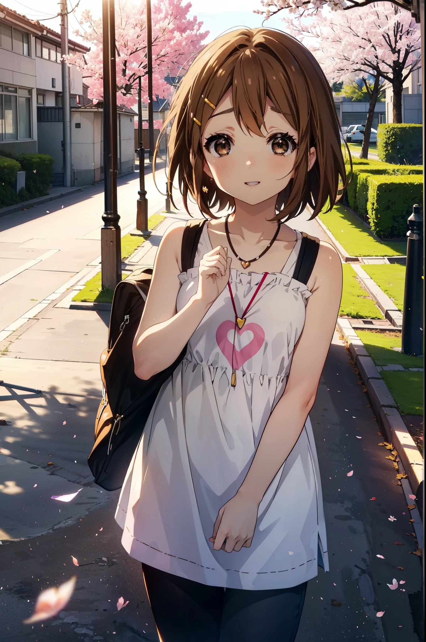 yuihirasawa, Yui Hirasawa, short hair, brown hair, hair ornaments, (Brown eyes:1.5), happy smile, smile, Open your mouth,Hair Clip,Long-legged vest,Tank top shirt,Bare arms,Bare neck,Heart Necklace,skinny pants,Stiletto heels,Cherry blossoms are blooming,Cherry blossoms are scattered,Cherry blossom tree-lined path,evening,sunset,The sun is setting,Looking down from above,
break outdoors,School　School building,
break looking at viewer, (Cowboy Shot:1.5),
break (masterpiece:1.2), highest quality, High resolution, unity 8k wallpaper, (figure:0.8), (Beautiful fine details:1.6), Highly detailed face, Perfect lighting, Highly detailed CG, (Perfect hands, Perfect Anatomy),