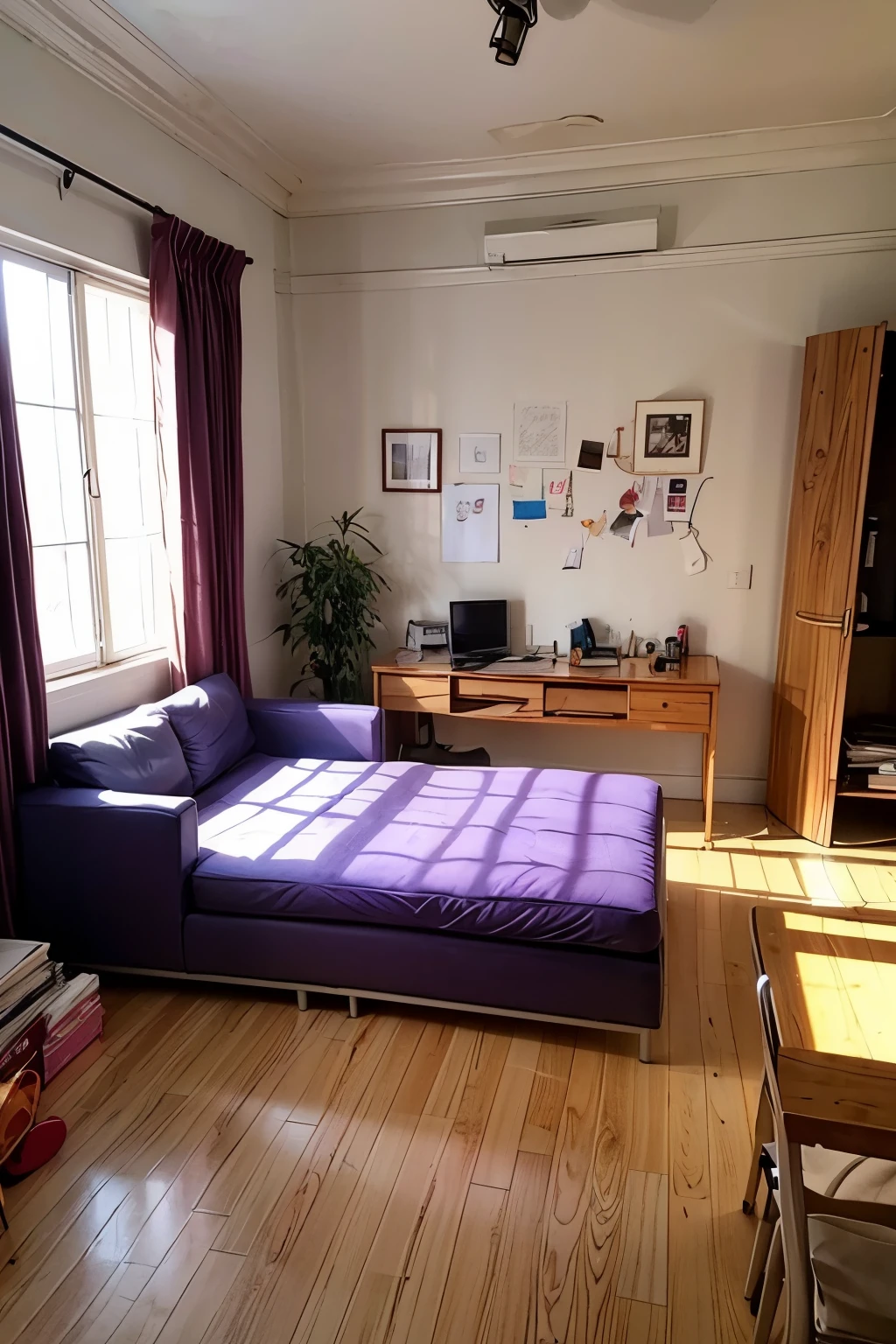 draw a purple and orange ballet room, full of dust, boxes and clutter. Watercolor concept art style, like a sketch with black outline.