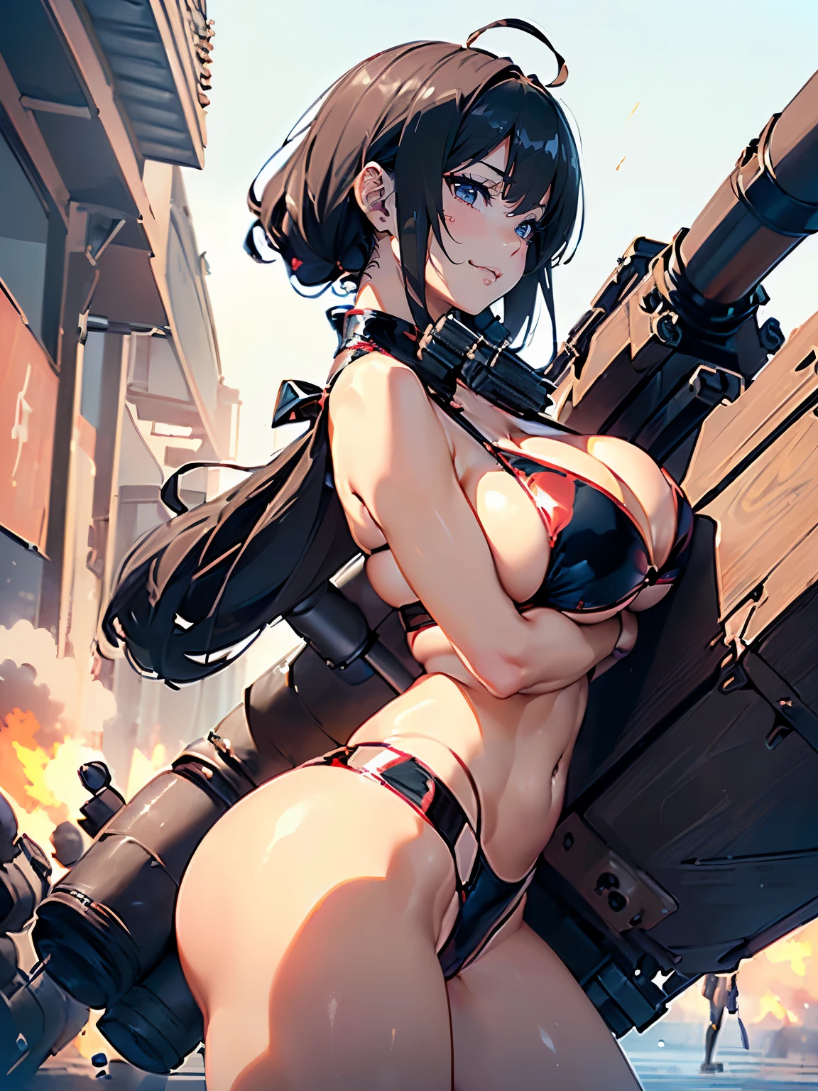 ((1 lady))、ultra-detailliert, Top image quality, digitial illustration, Seductive Anime Girl, Glossy realistic skin texture、Meticulously drawn hair, Meticulously drawn eye, Sharp Focus, Precise human body structure、Smooth texture、((Back view:1.3))、((Combative posing:1.5))、((Holding a big Heavy artillery:1.6))、((bazooka and gatling gun and rocket launcher))、((dynamism:1.3))、((dynamic angle:1.2))、((Being in battle field:1.2))、seductive smile、((latex micro bikini:1.3 crop top:1.3))、((sleeveless))、((cleavage:1.3))、((crop top navel))、((highleg:1.3))、((huge breasts:1.3))、((huge hip:1.3))、((thick thighs))、((wedgie))、curvy、((collarbone))、((cameltoe))、hip line、Full body