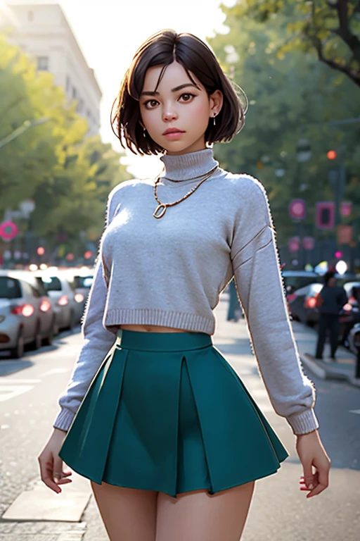 (ultra realistic,32k, masterpiece:1.2),(highly detailed skin:1.1),( high quality:1.1),
(definite:1.1),Mingli, 1 girl, necklace, (lush), mother,turtleneck top,ruffled skirt,long sleeves, thigh high, Mediterranean City Park,sunlight, trees,blurred background,,(I look at the viewer, standing, Above:1.1),, (small breasts:1.1),(neon pastel light:1.1),